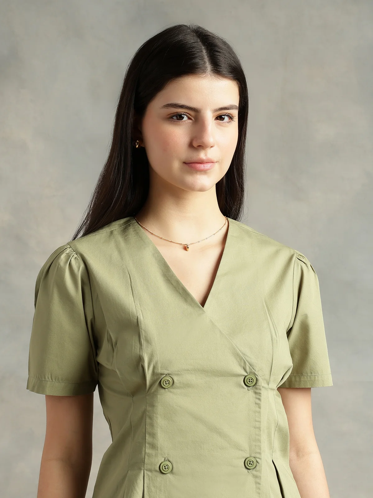 Women Olive Green Cotton Short Sleeve Shirt - Image 5