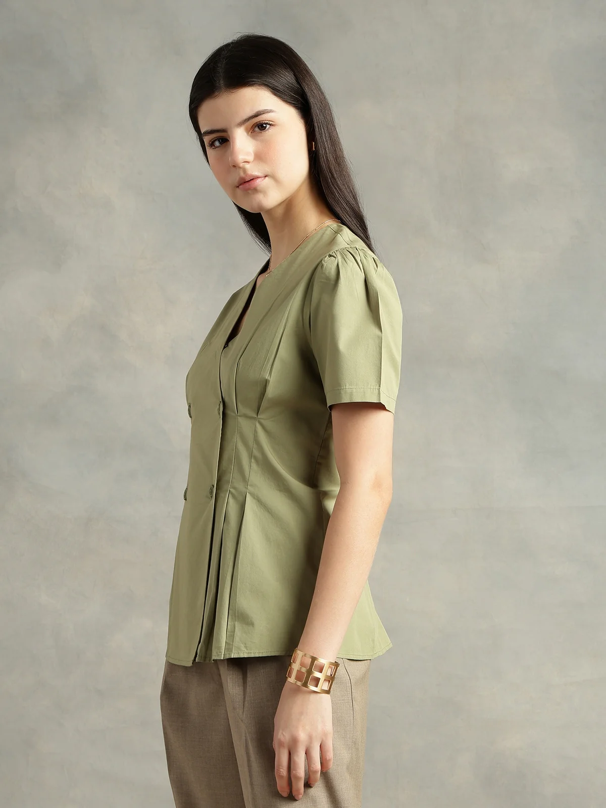 Women Olive Green Cotton Short Sleeve Shirt - Image 6