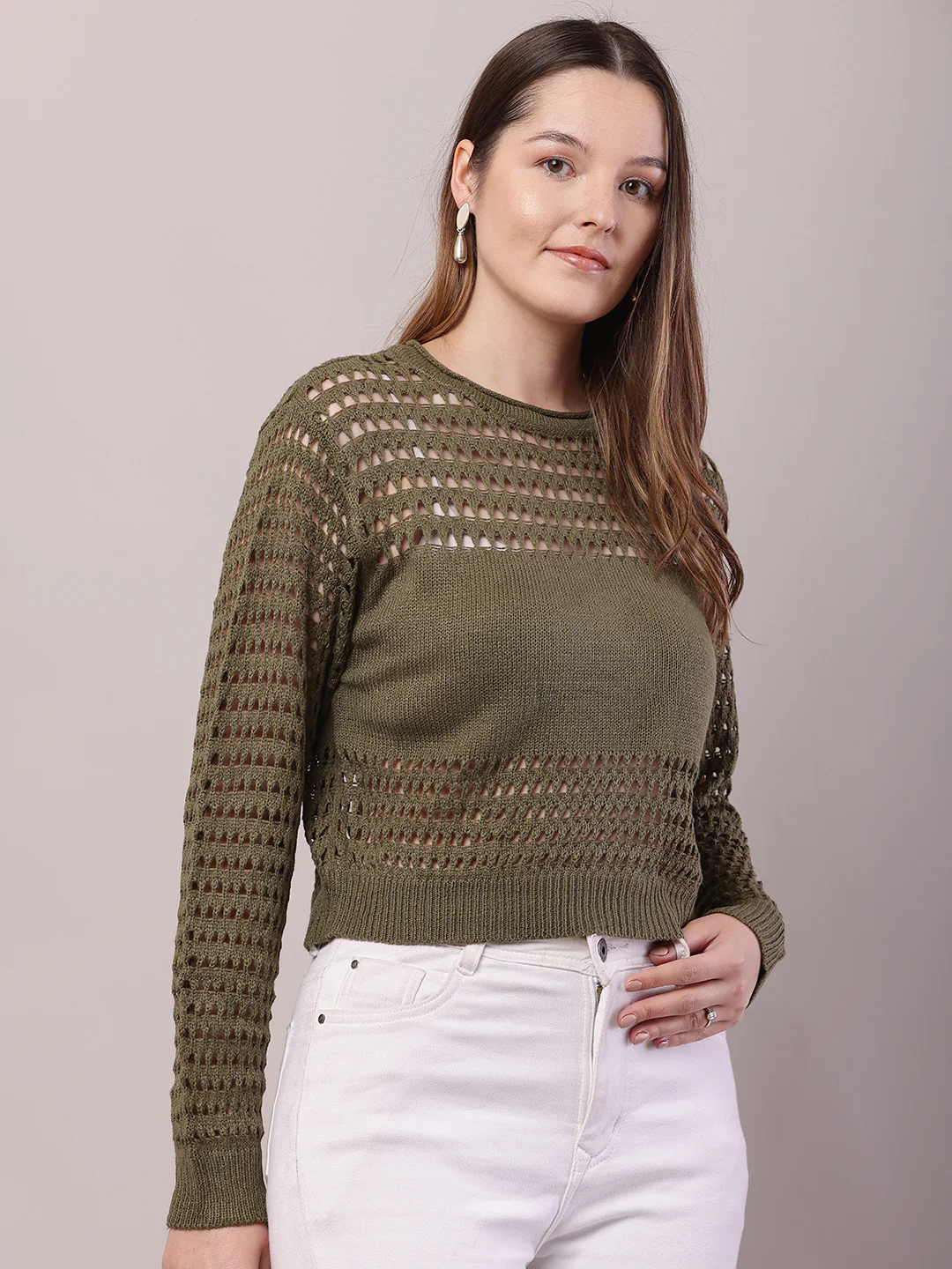 Women Olive Green Polyester Crochet Full Sleeve Sweater - Image 2