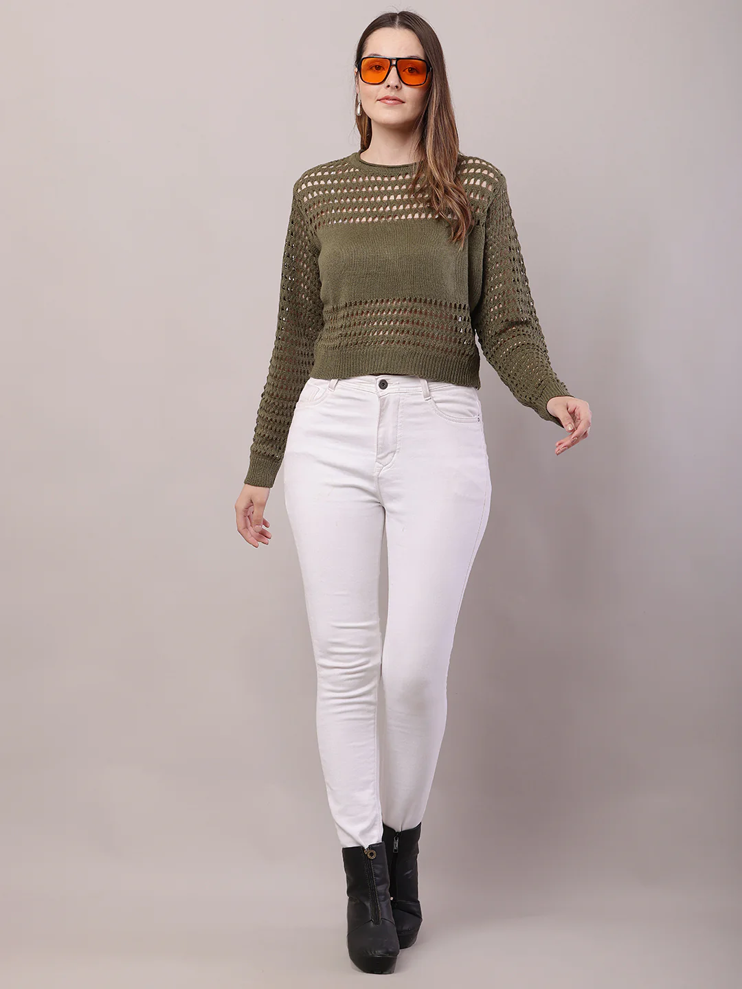 Women Olive Green Polyester Crochet Full Sleeve Sweater - Image 3