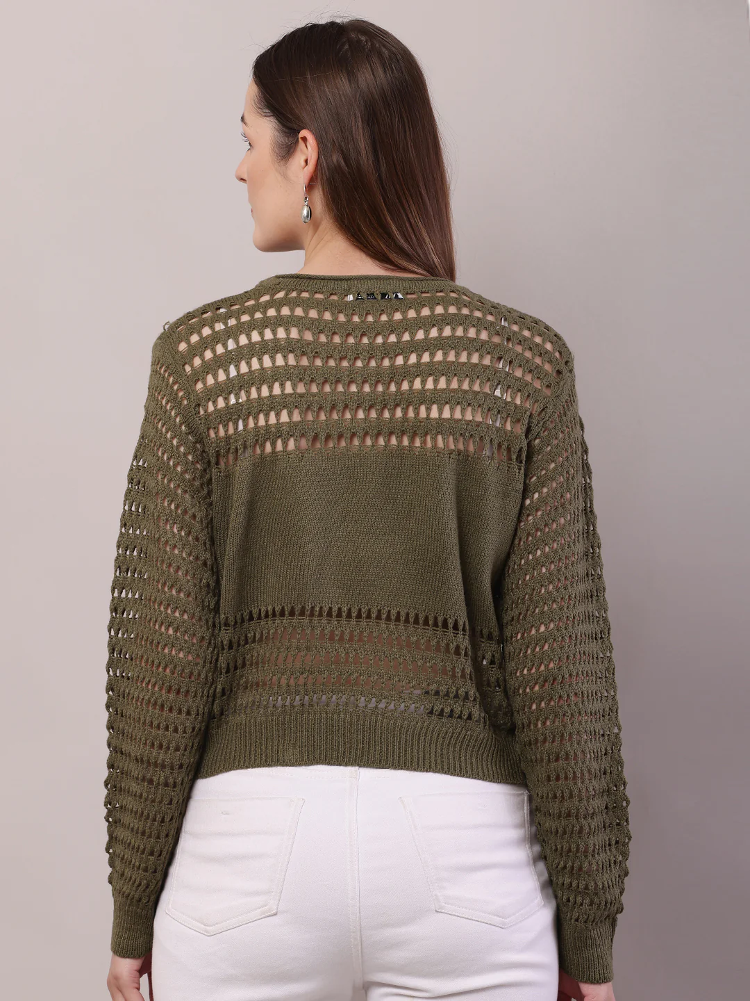 Women Olive Green Polyester Crochet Full Sleeve Sweater - Image 4