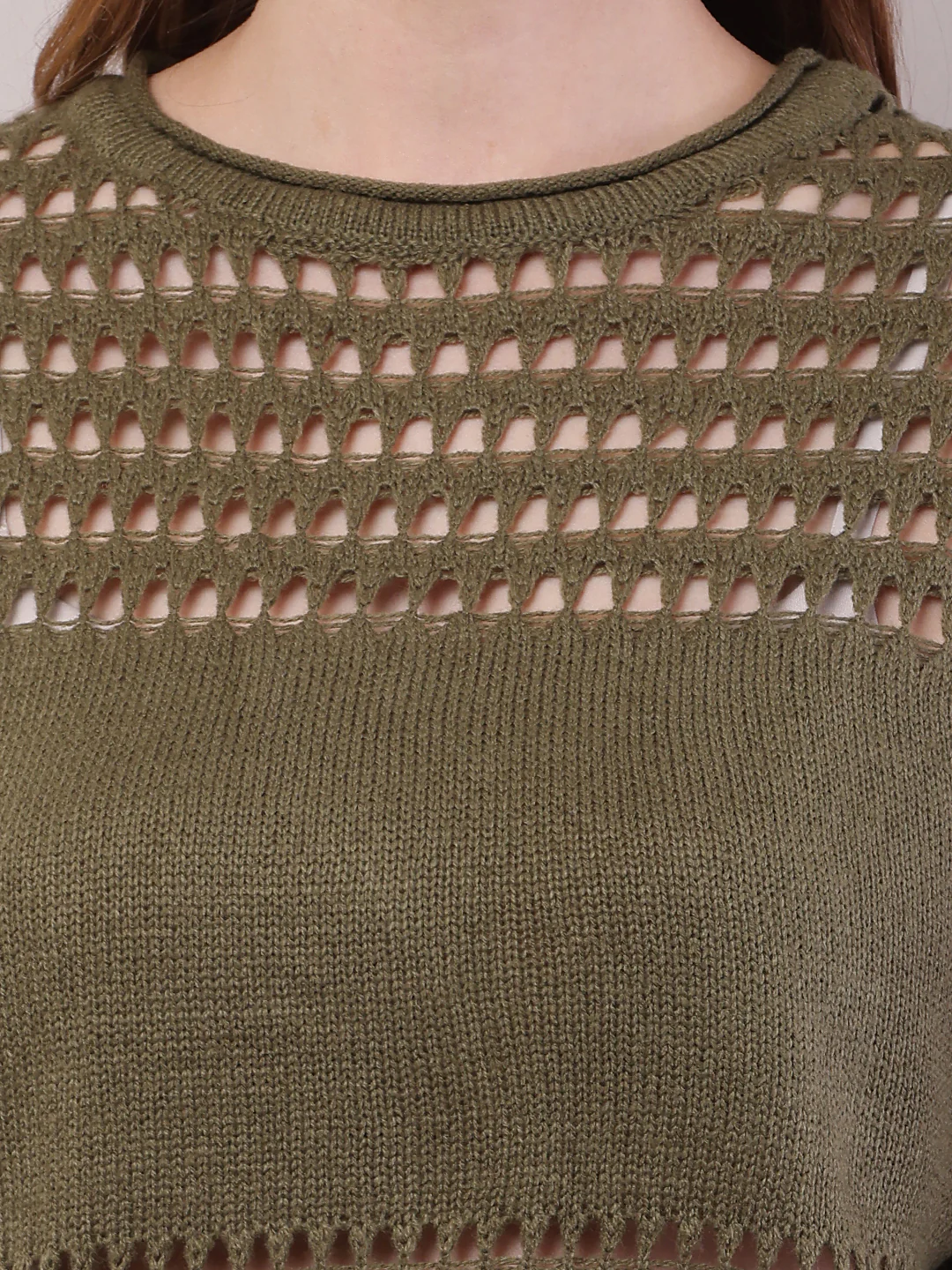 Women Olive Green Polyester Crochet Full Sleeve Sweater - Image 5