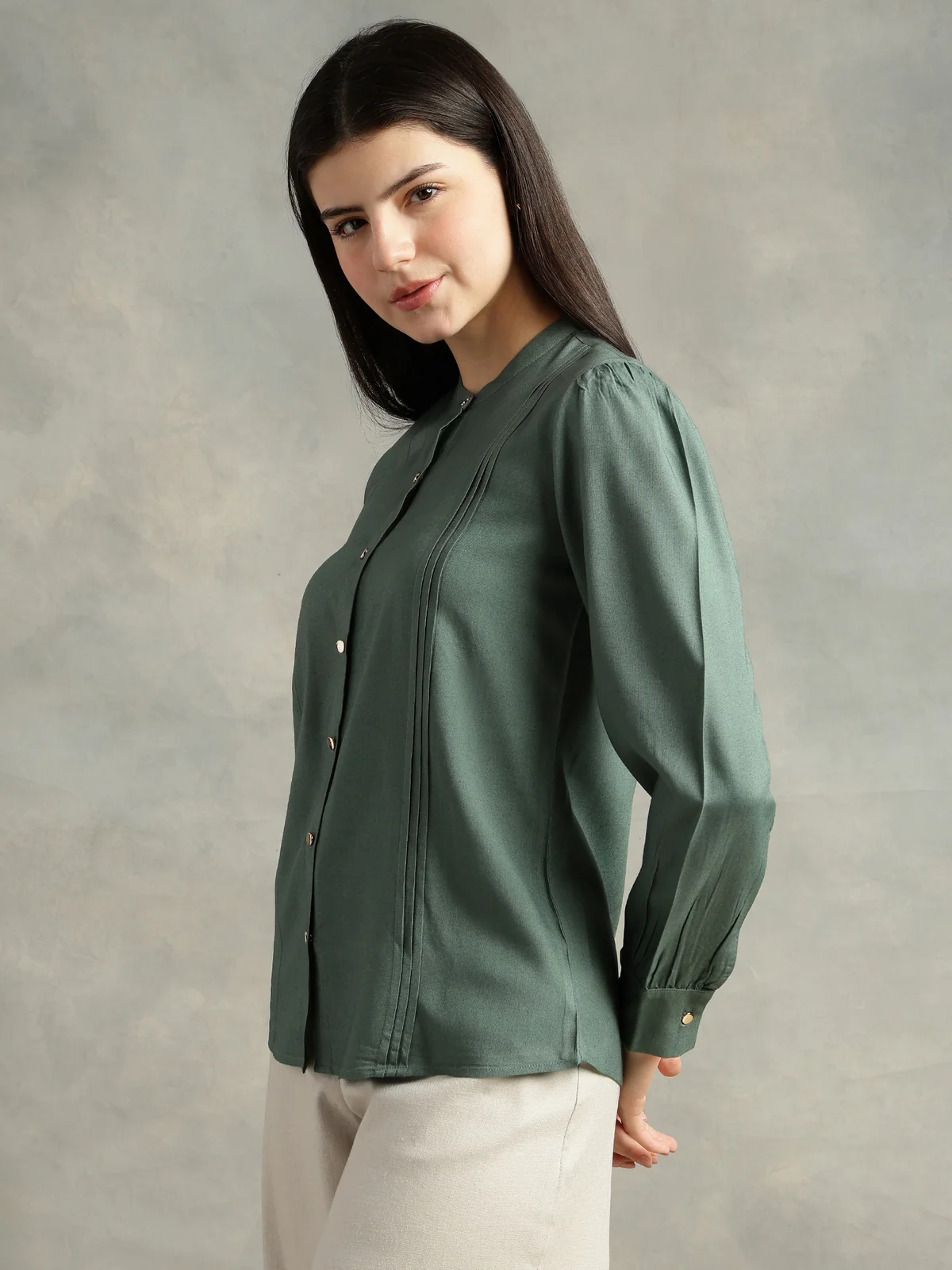 Women Olive Green Viscose Mandarin Shirt - Image 2