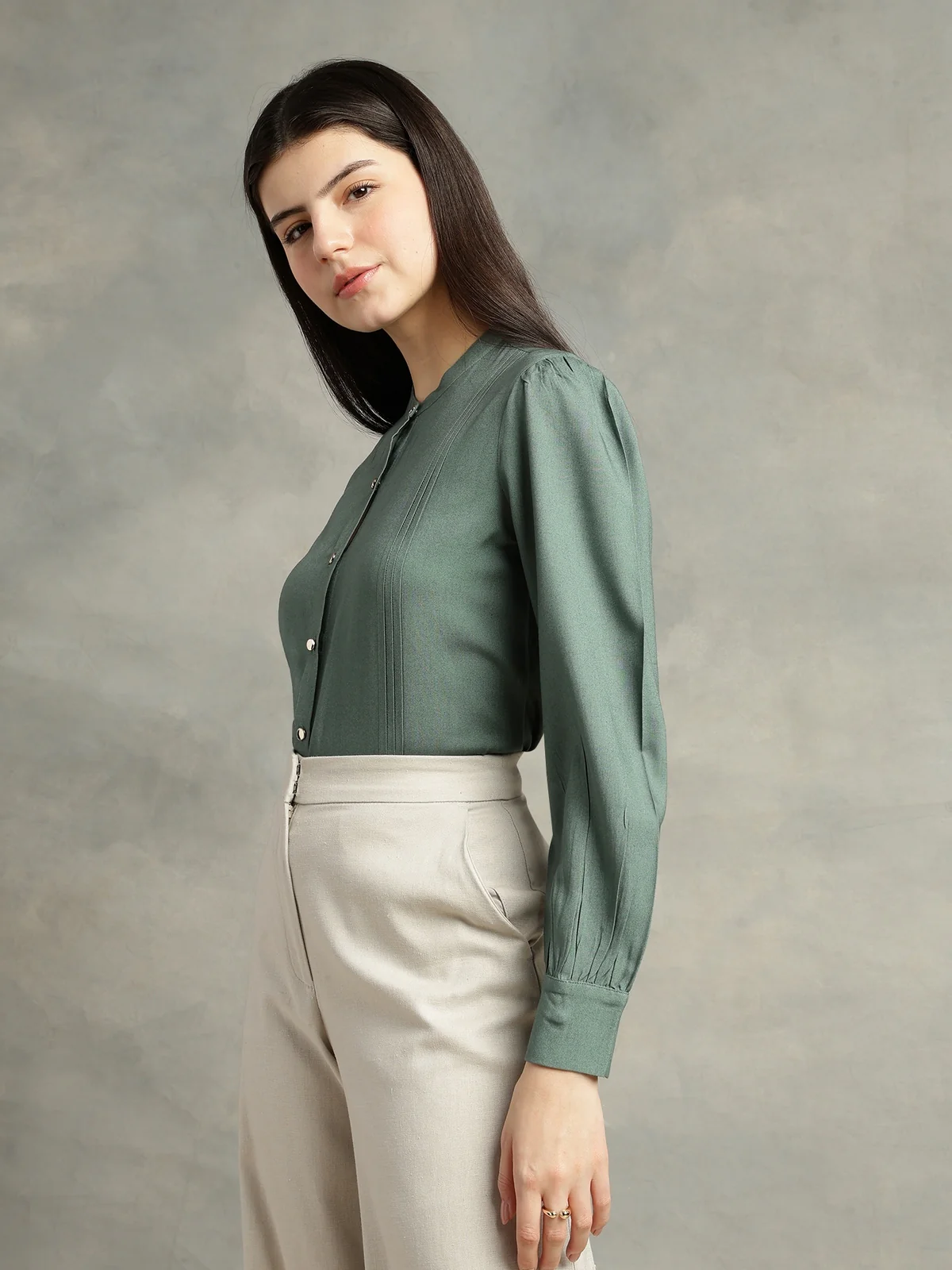 Women Olive Green Viscose Mandarin Shirt - Image 3