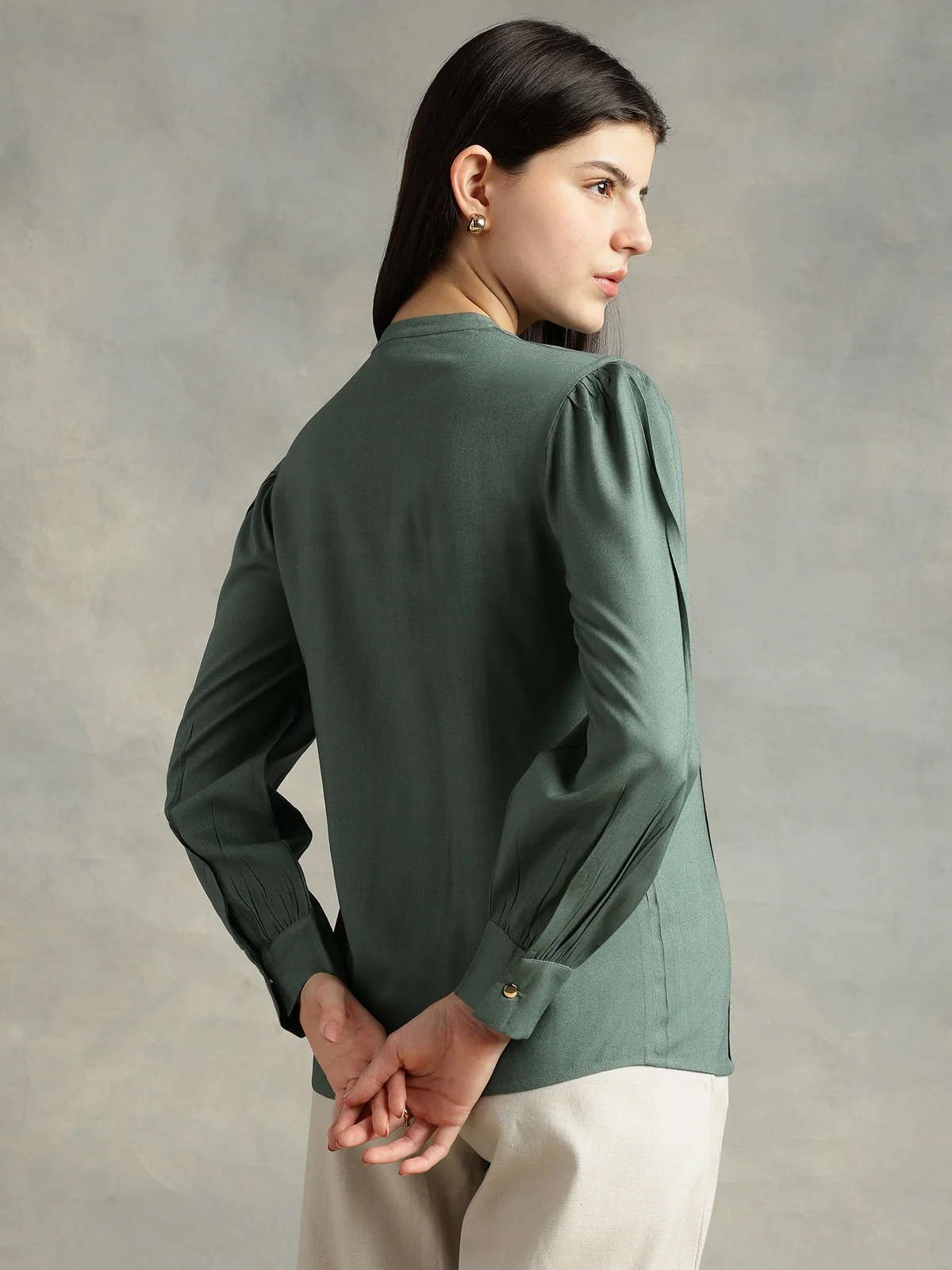 Women Olive Green Viscose Mandarin Shirt - Image 4