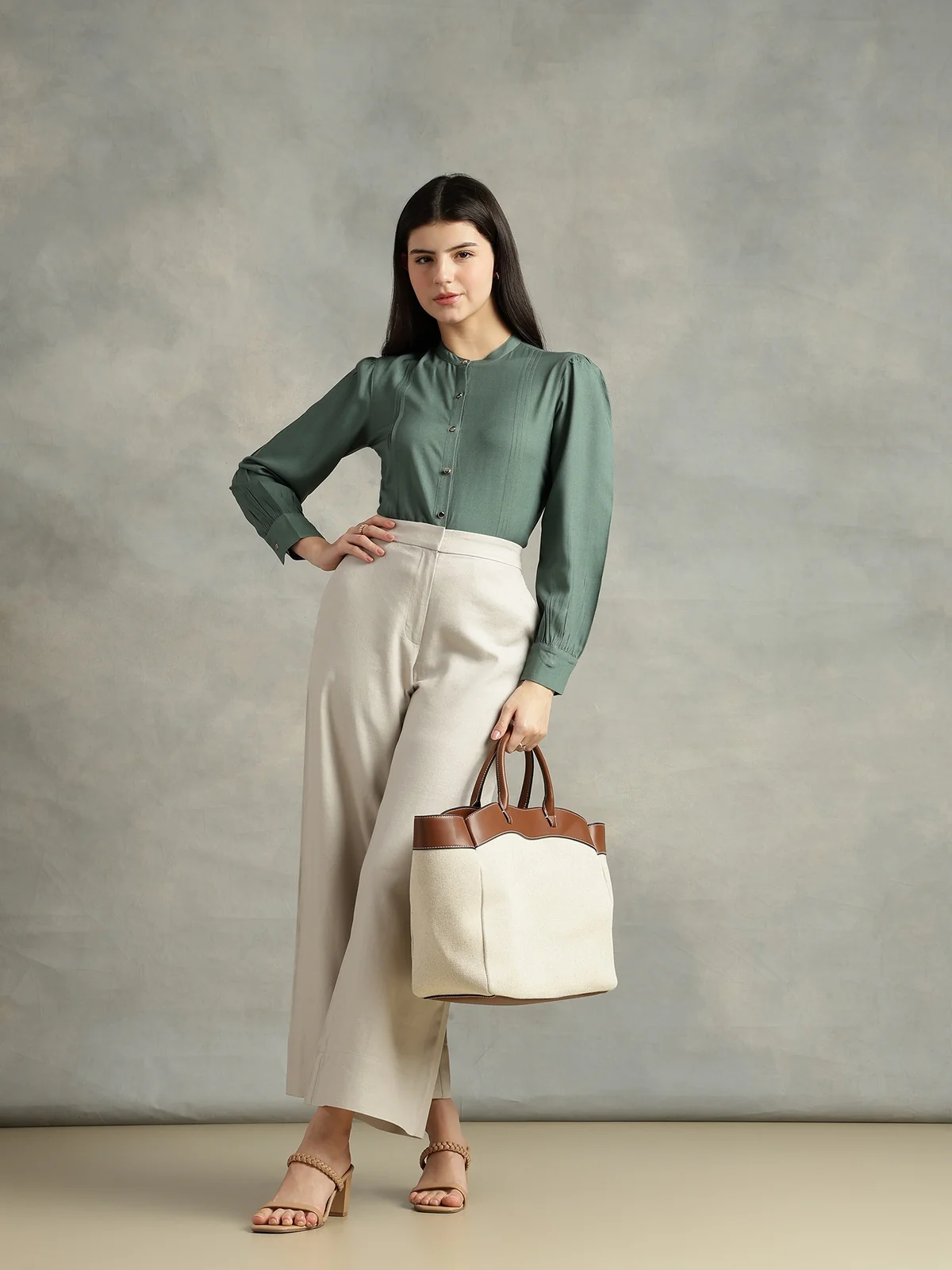 Women Olive Green Viscose Mandarin Shirt - Image 5