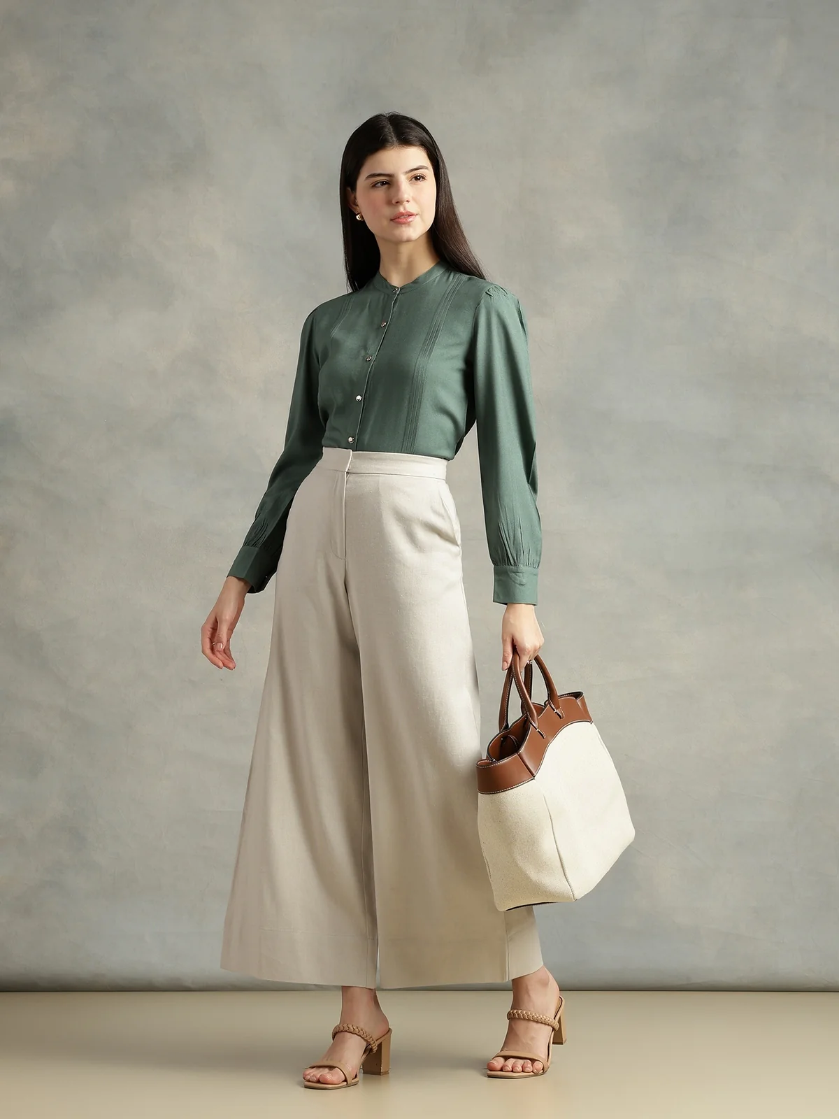 Women Olive Green Viscose Mandarin Shirt - Image 6