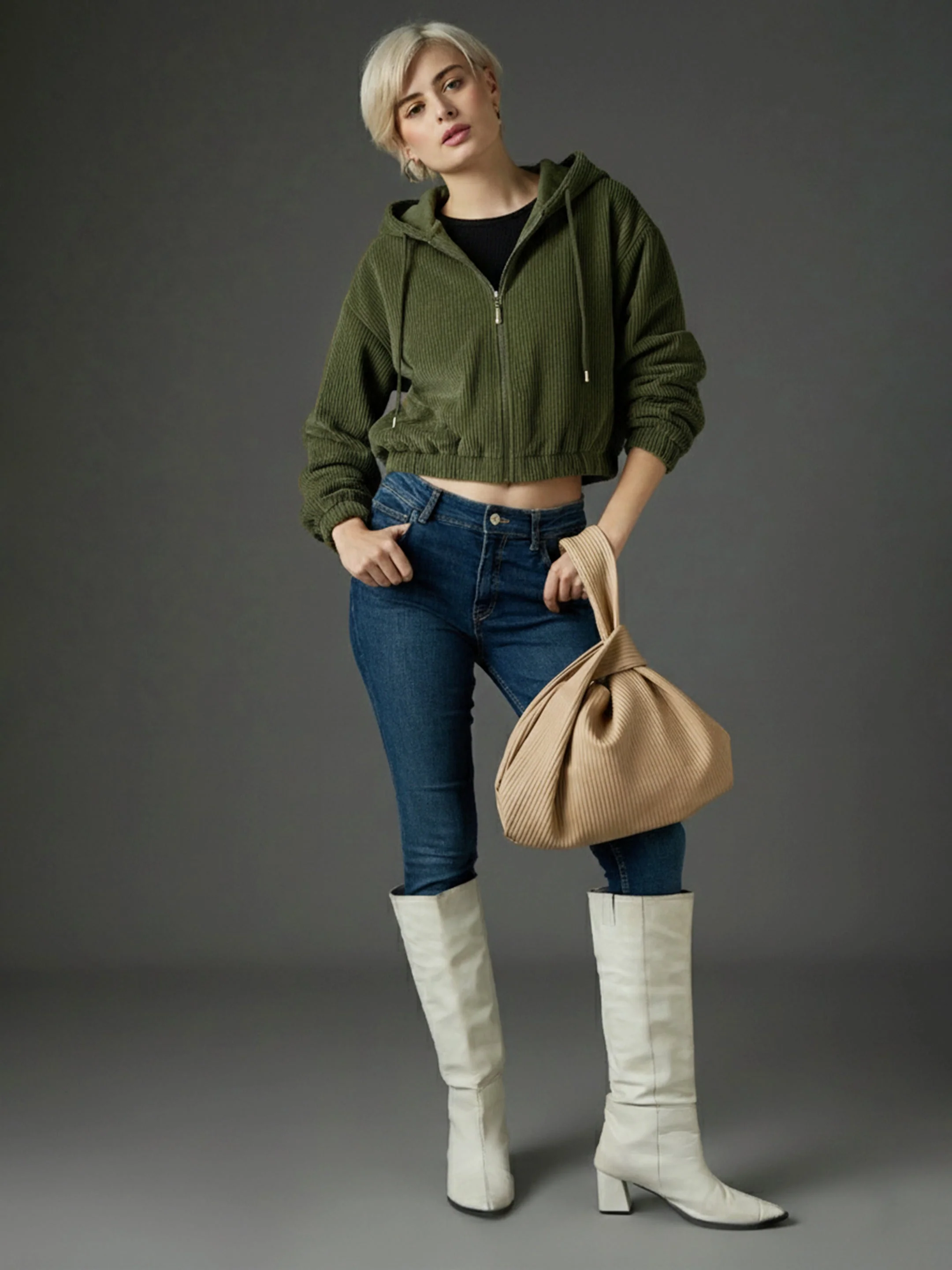 Women Olive Hooded Boxy Corduroy Crop Jacket - Image 2