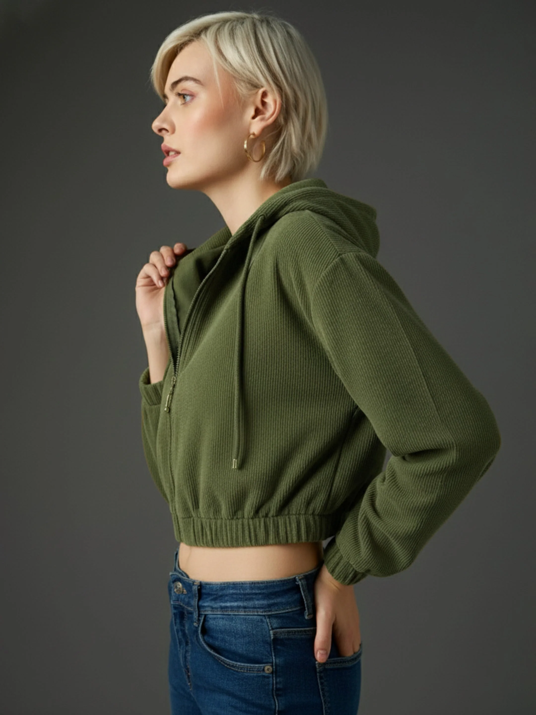 Women Olive Hooded Boxy Corduroy Crop Jacket - Image 3
