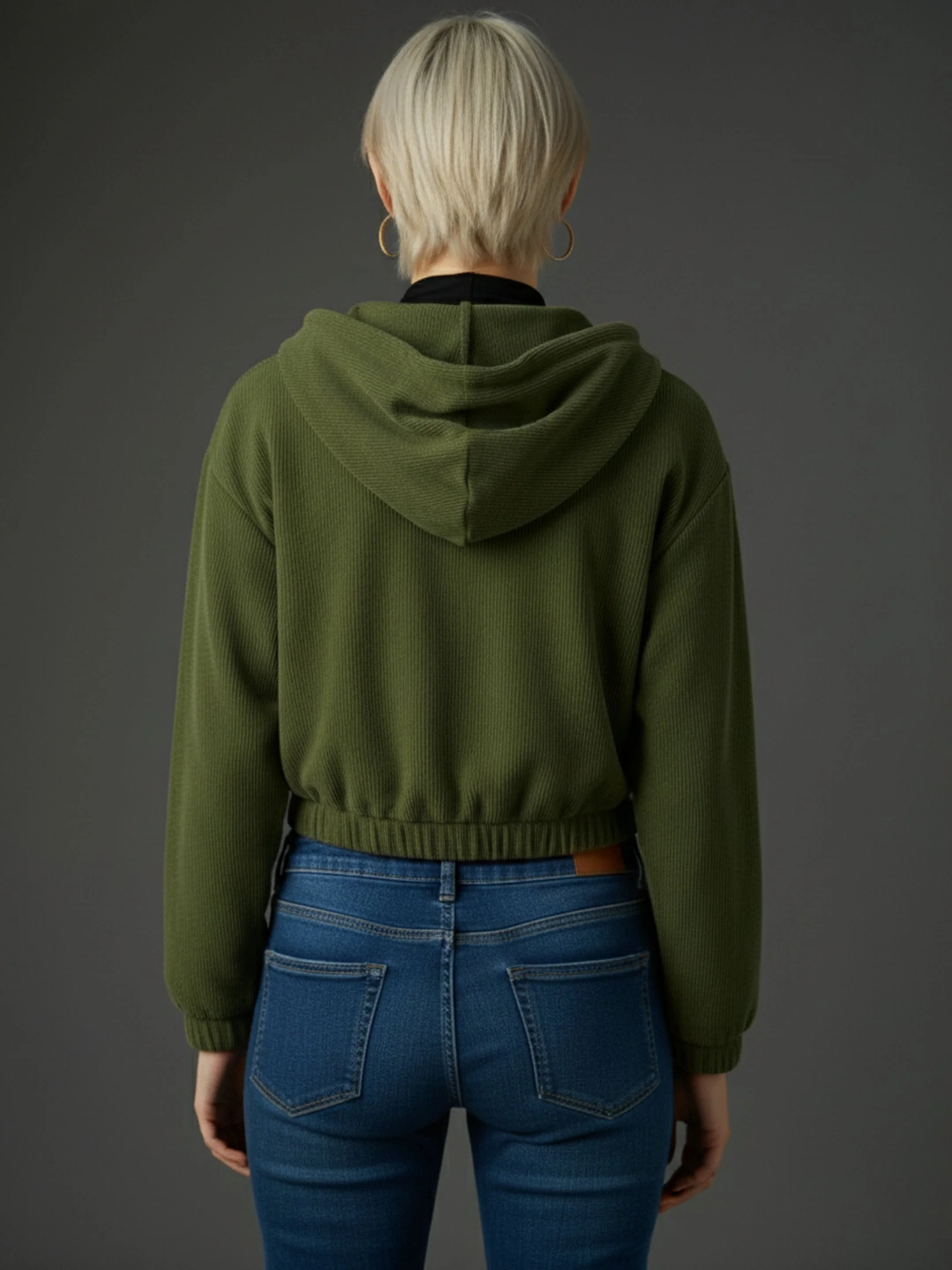 Women Olive Hooded Boxy Corduroy Crop Jacket - Image 5