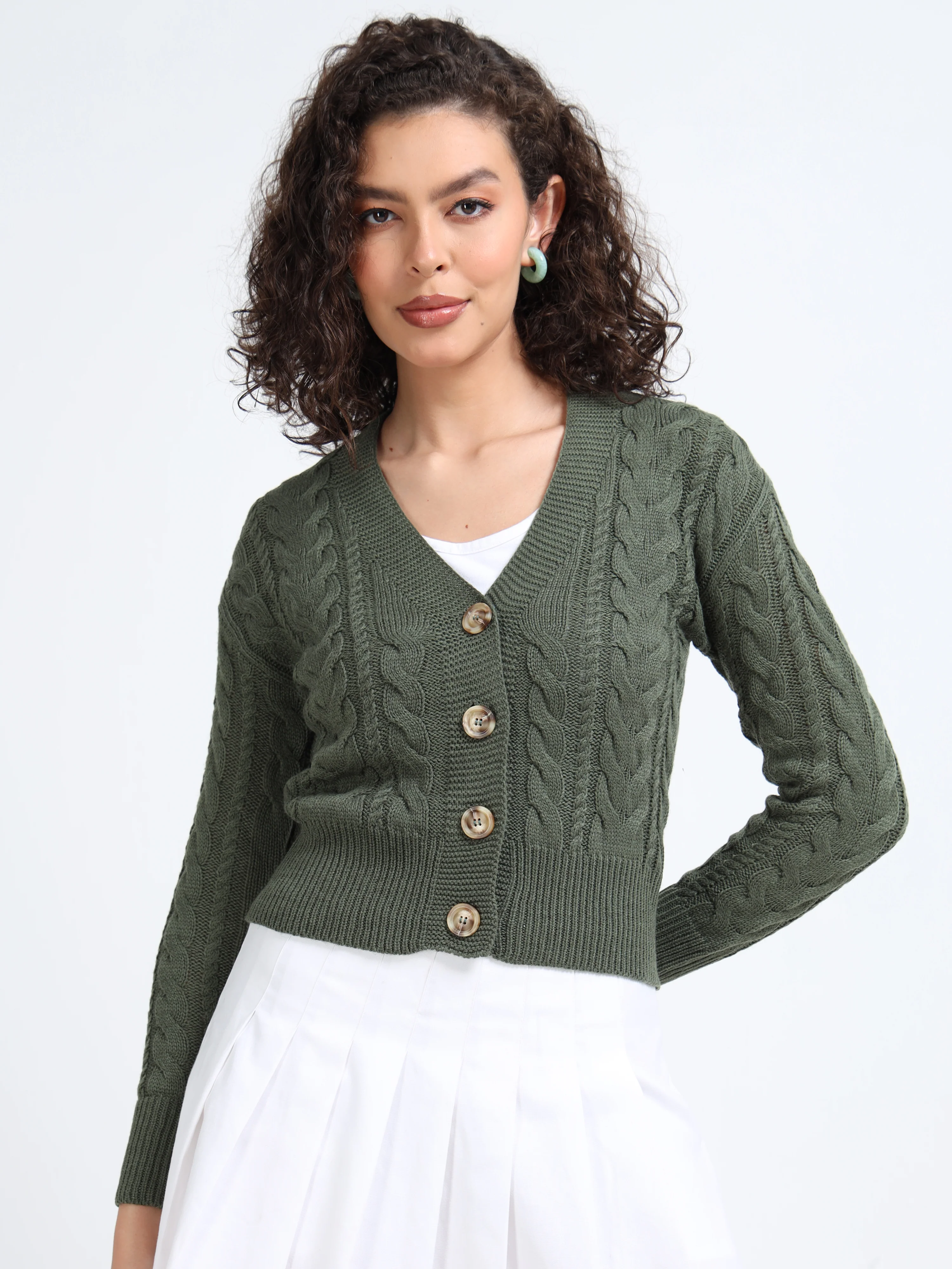 Women Olive Knitted Cardigan - Image 2