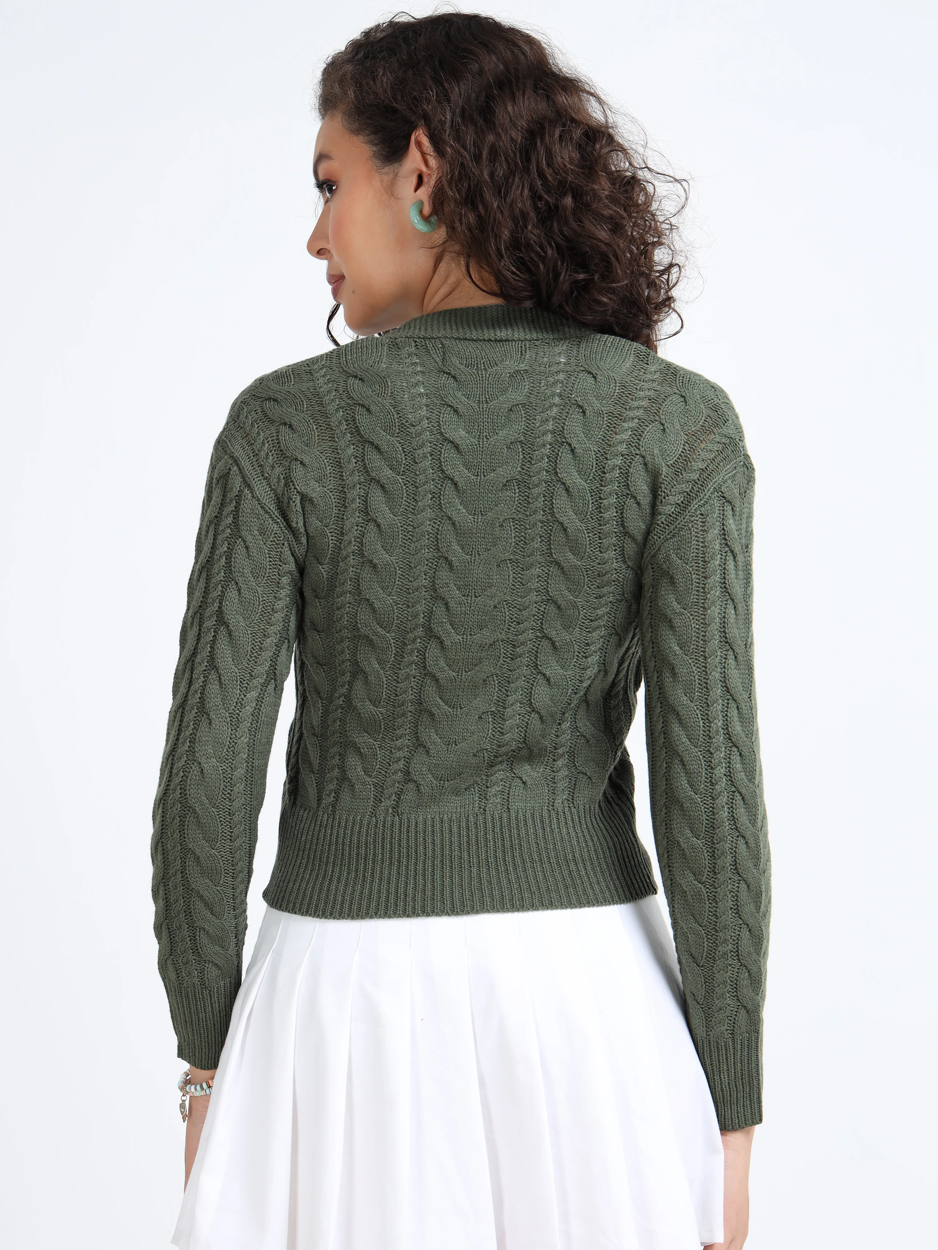 Women Olive Knitted Cardigan - Image 3