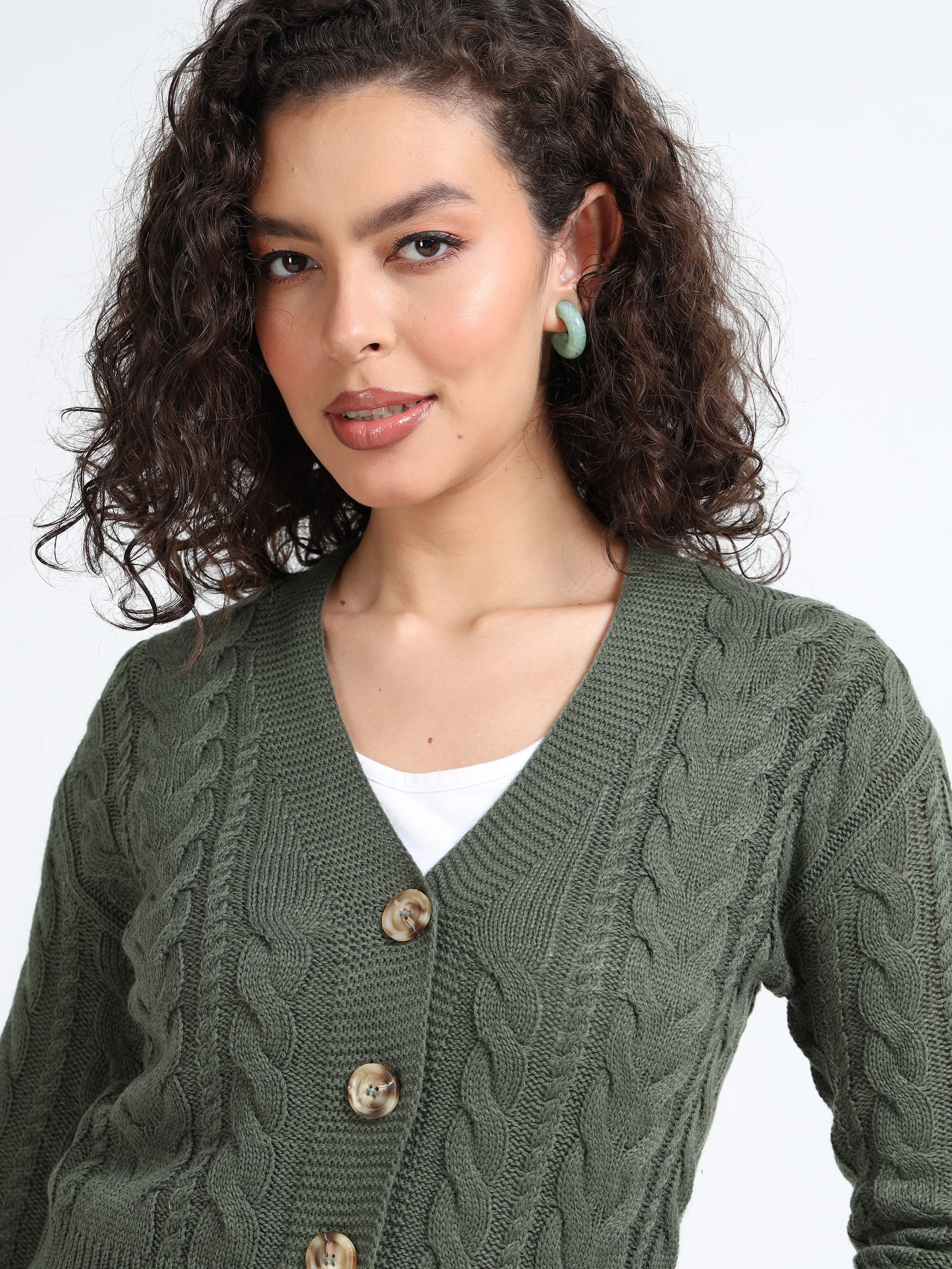 Women Olive Knitted Cardigan - Image 4