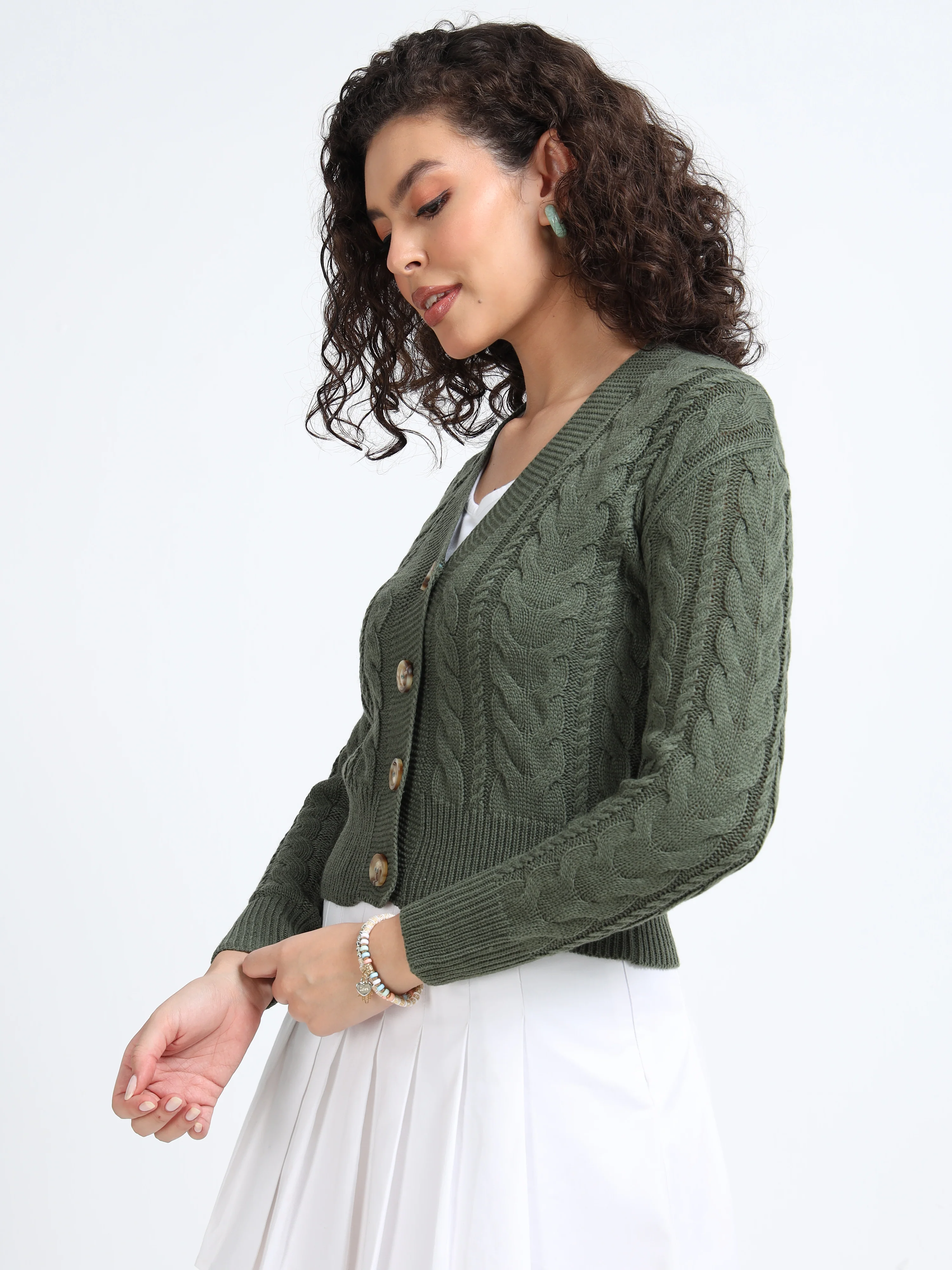 Women Olive Knitted Cardigan - Image 6