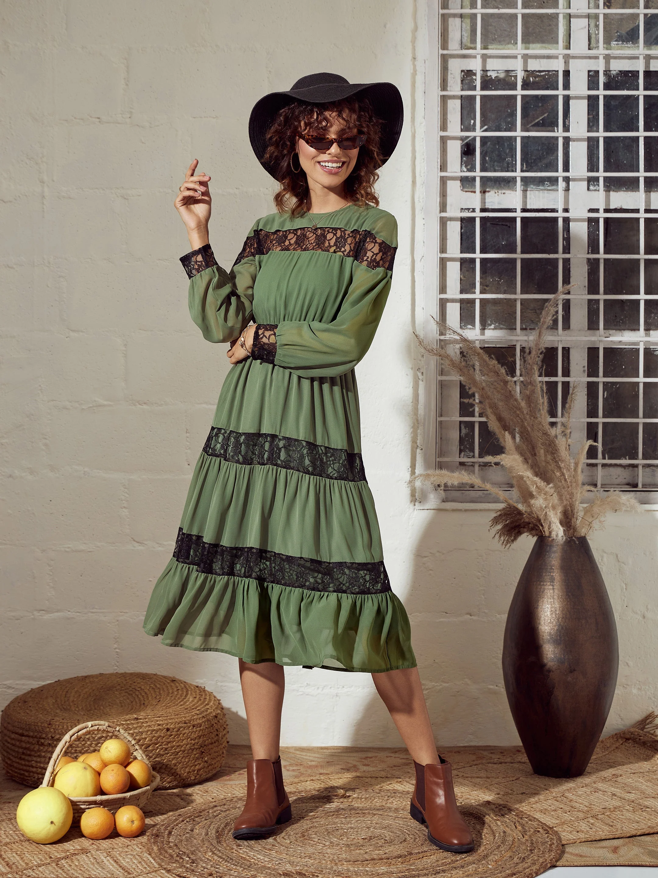 Women Olive Lace Insert Tiered Midi Dress - Image 2