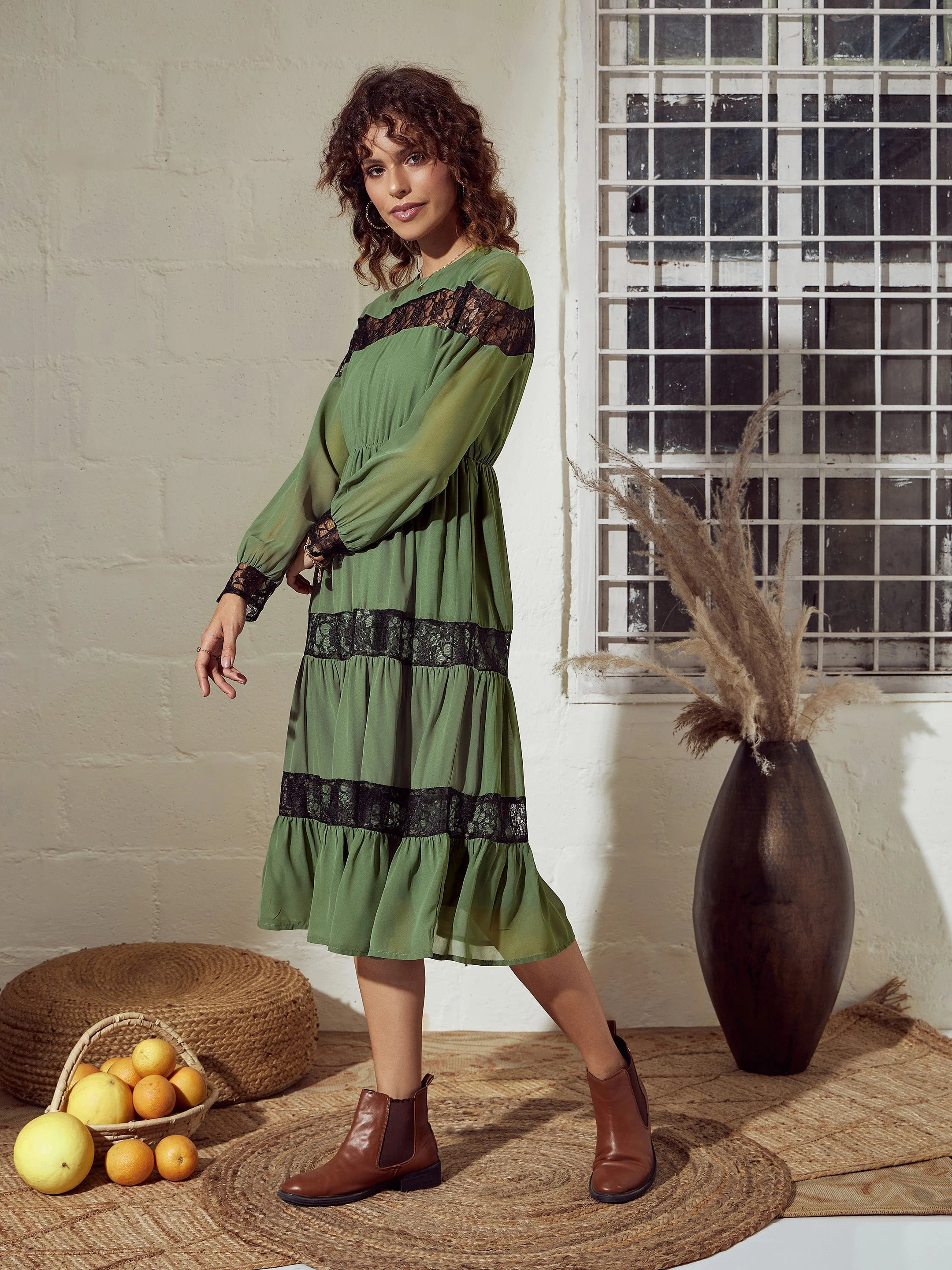 Women Olive Lace Insert Tiered Midi Dress - Image 3