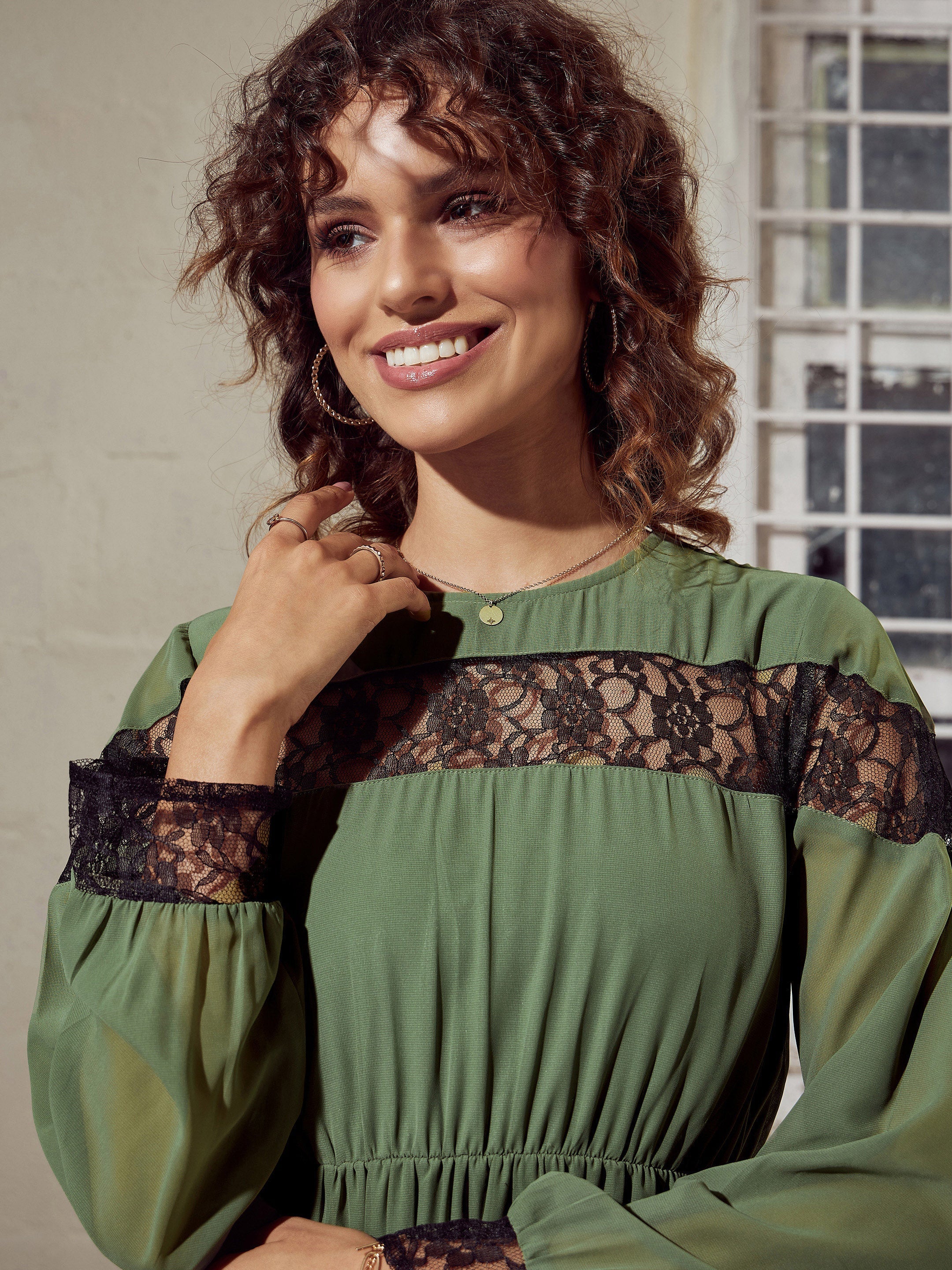 Women Olive Lace Insert Tiered Midi Dress - Image 4