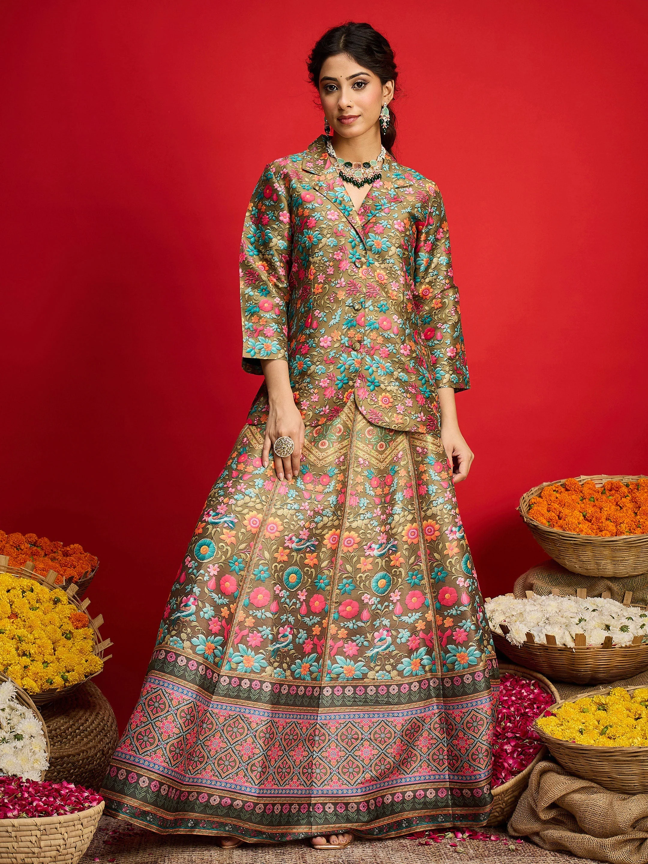Women Olive Multi Floral Blazer Top With Anarkali Skirt - Image 2