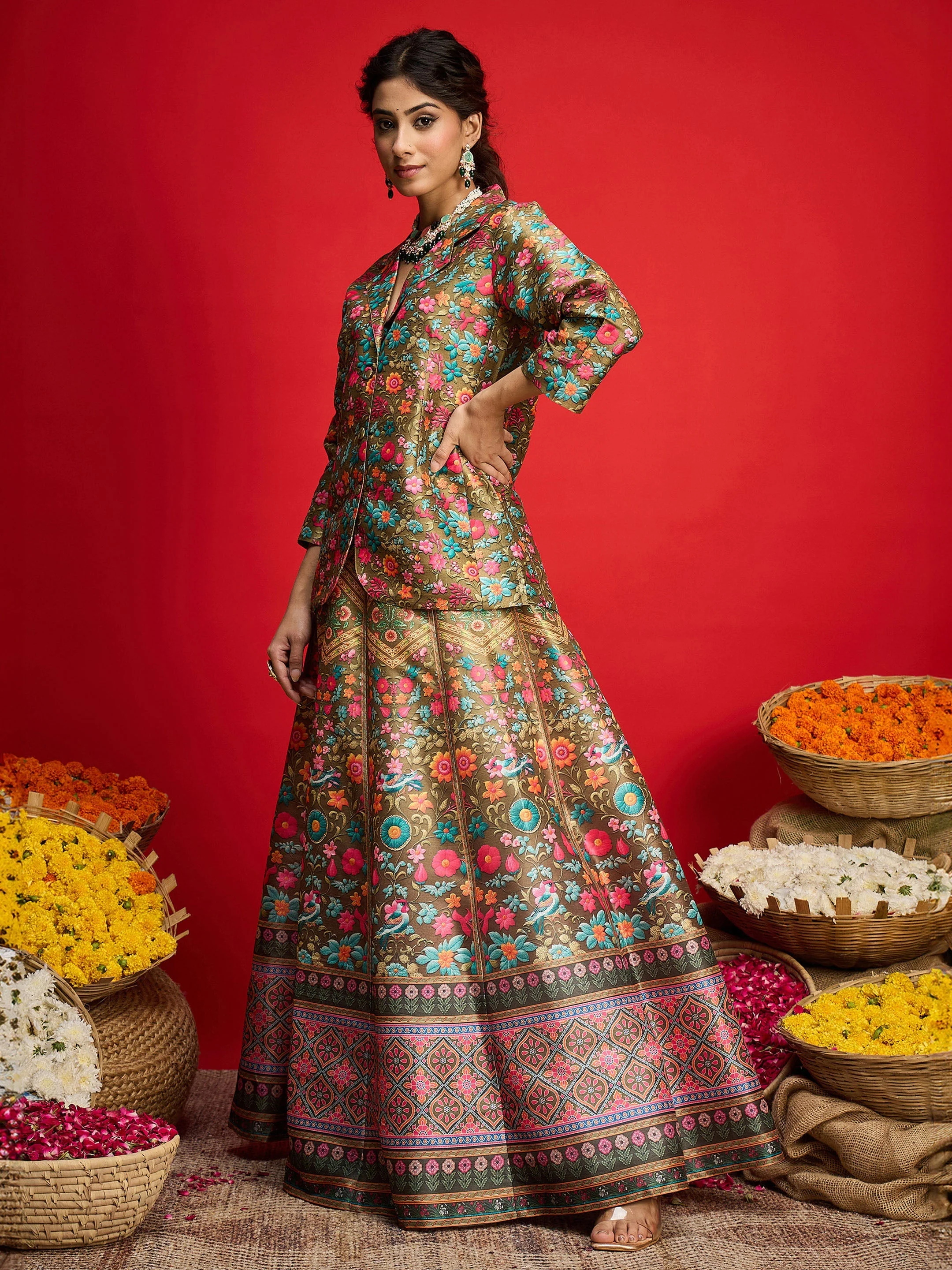 Women Olive Multi Floral Blazer Top With Anarkali Skirt - Image 3