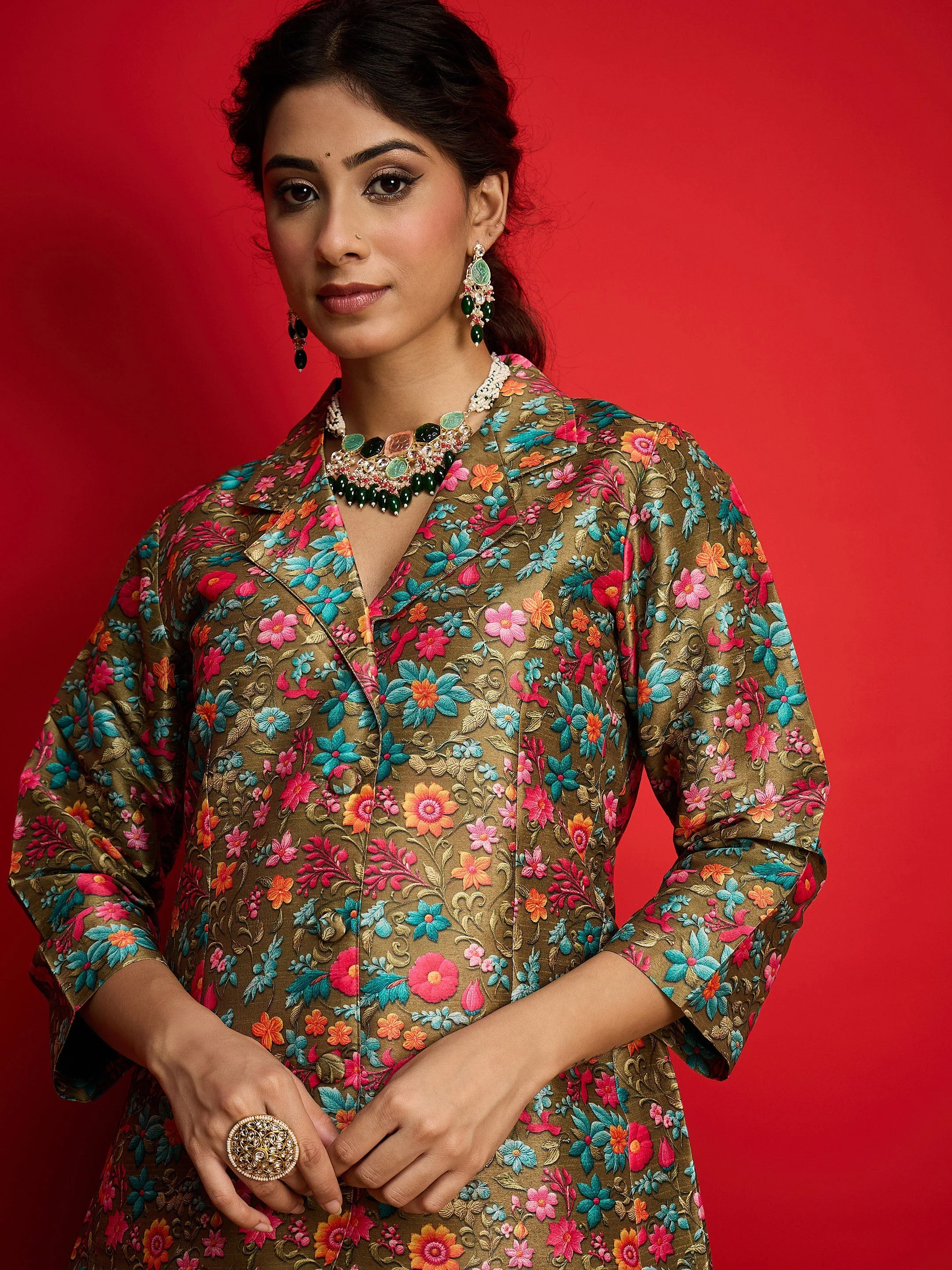 Women Olive Multi Floral Blazer Top With Anarkali Skirt - Image 4