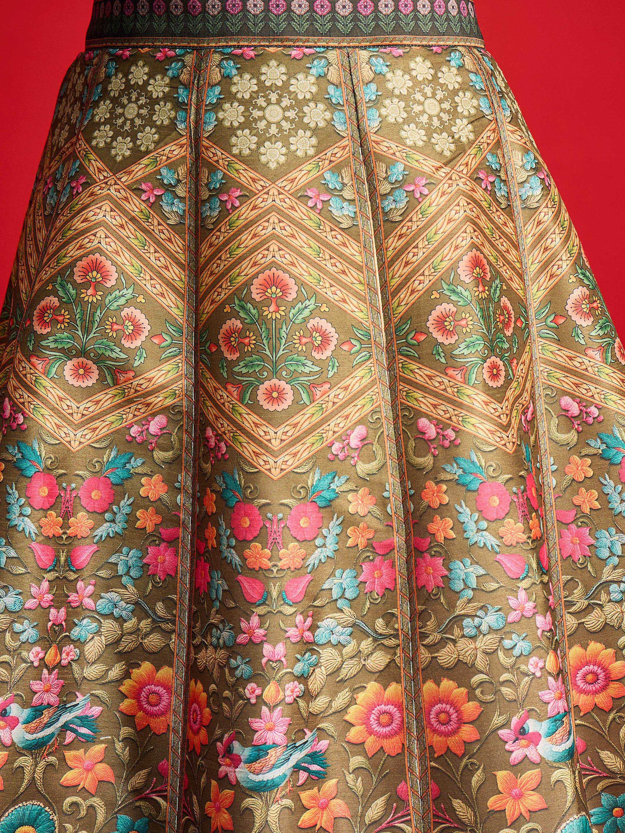 Women Olive Multi Floral Blazer Top With Anarkali Skirt - Image 5