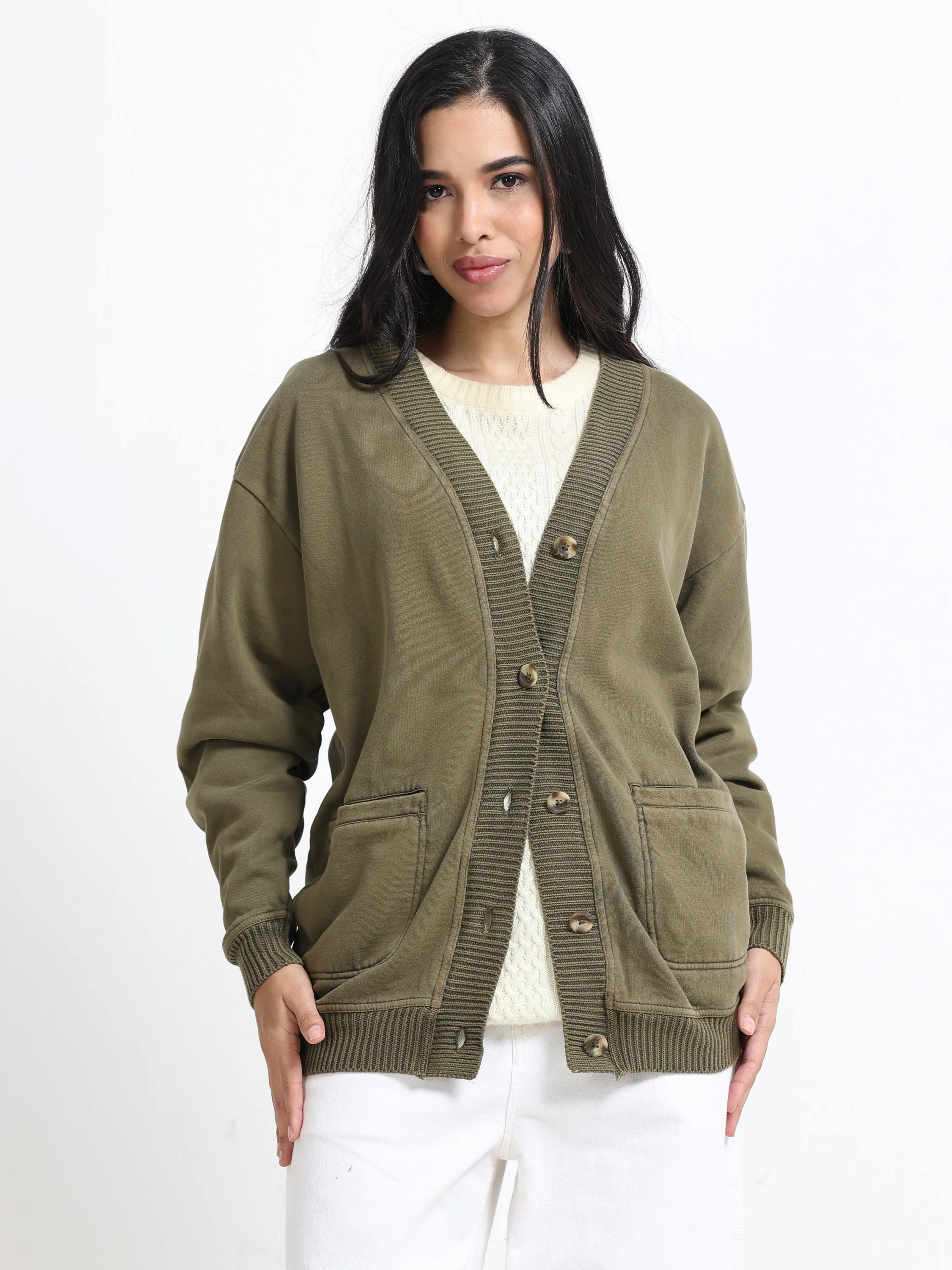 Women Olive Oversized Cardigan - Image 3