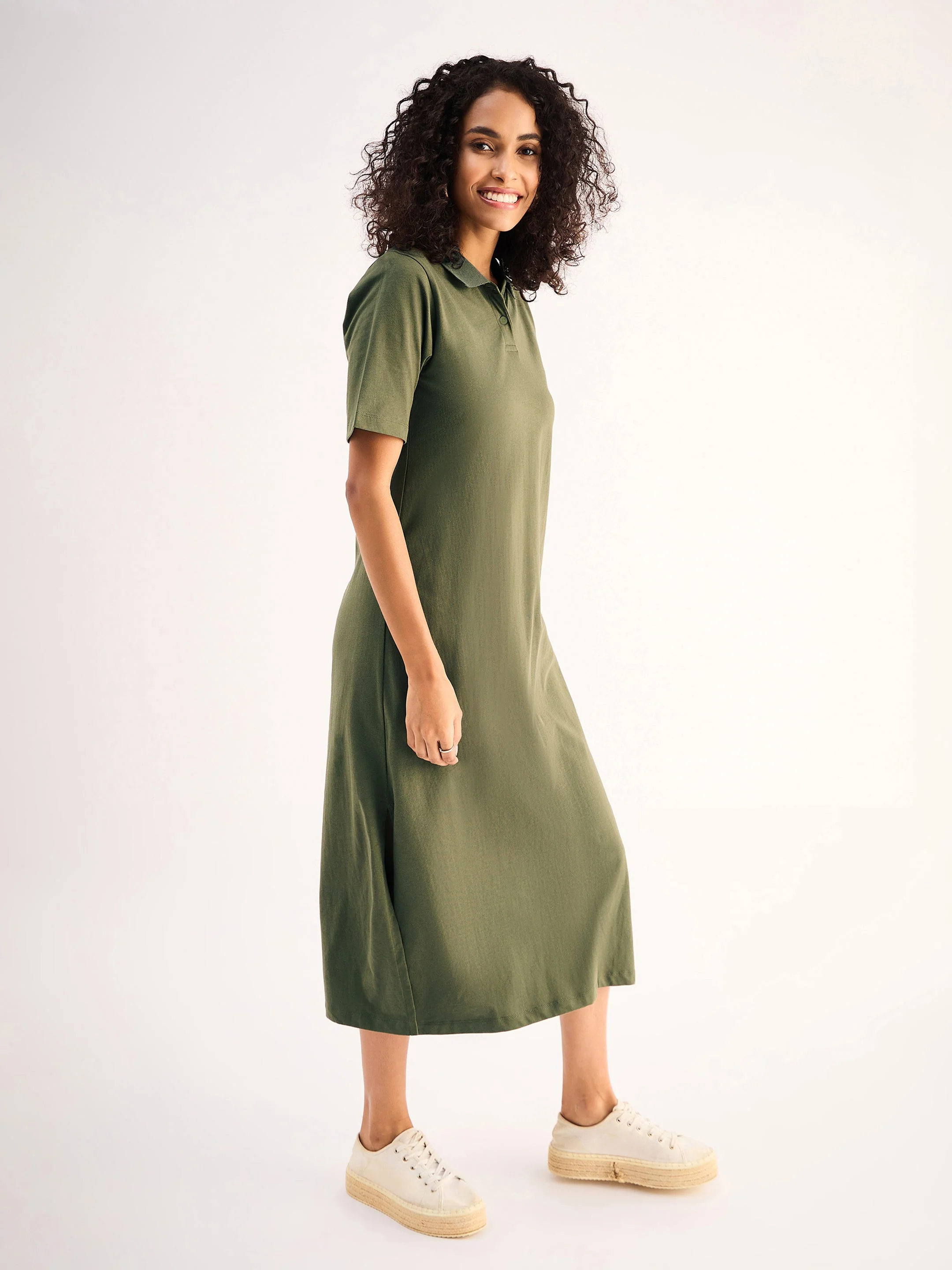 Women Olive Oversized Collar T-Shirt Dress - Image 5