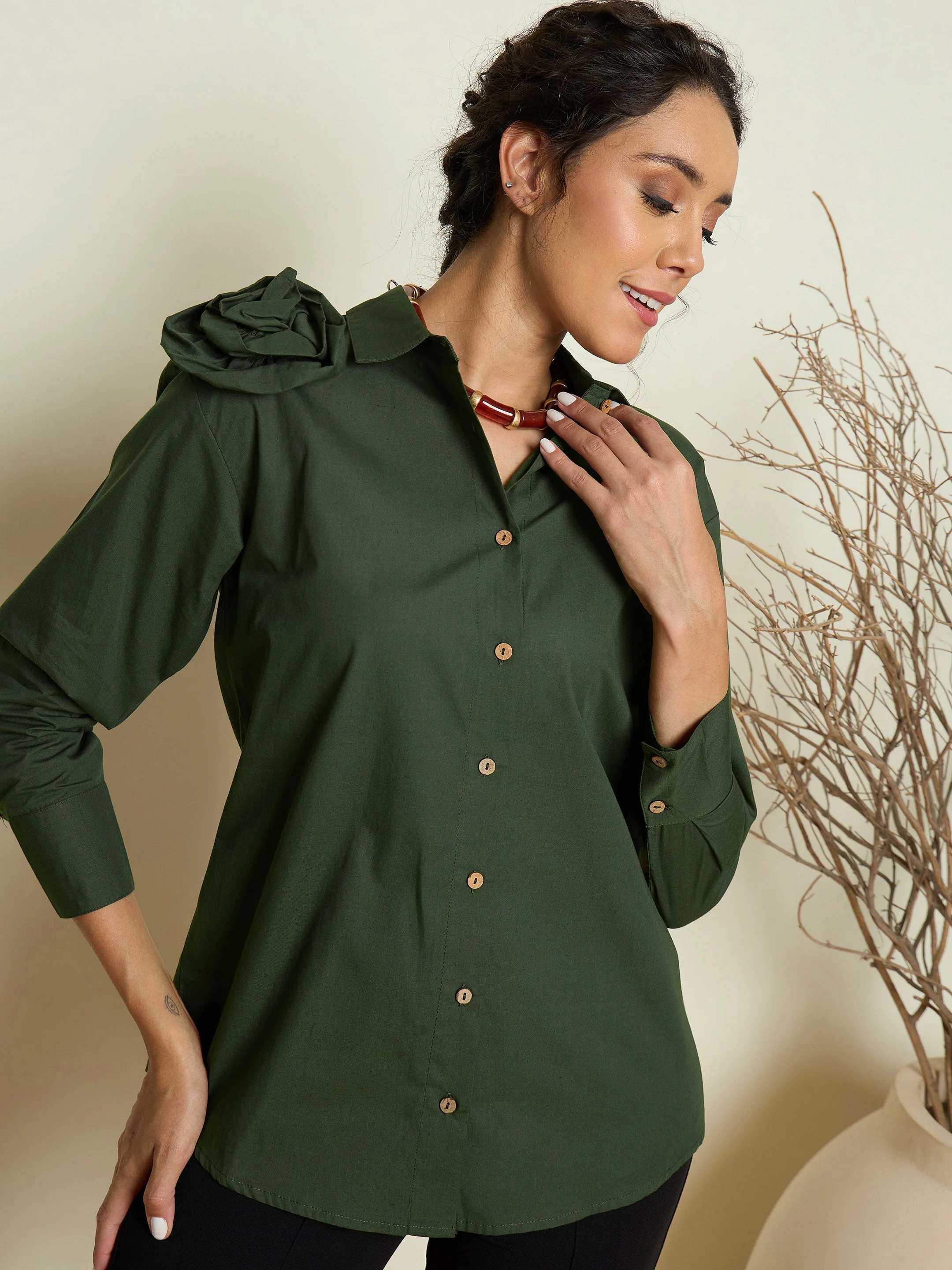 Women Olive Poplin Shoulder Corsage Regular Shirt - Image 3