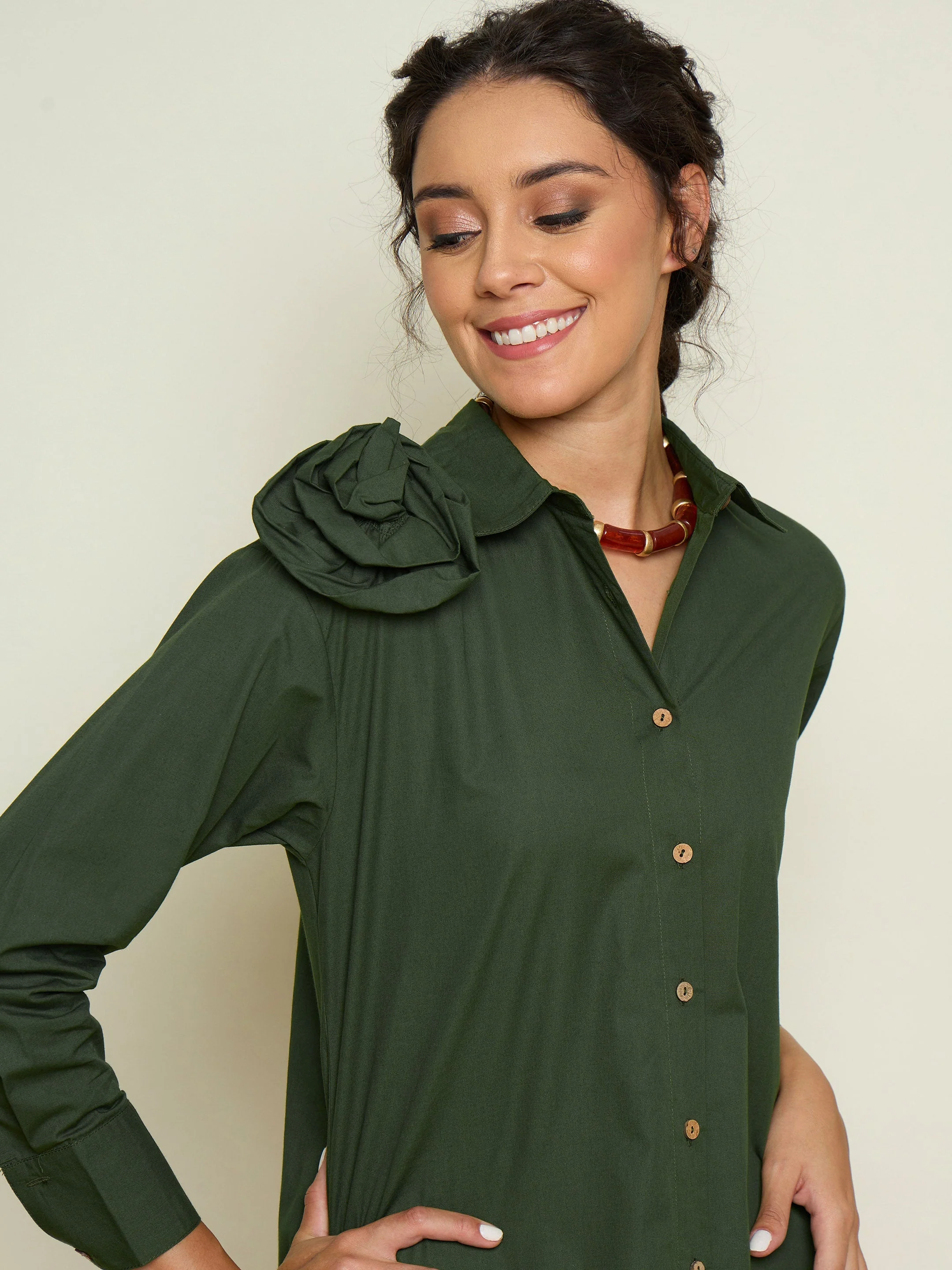Women Olive Poplin Shoulder Corsage Regular Shirt - Image 4