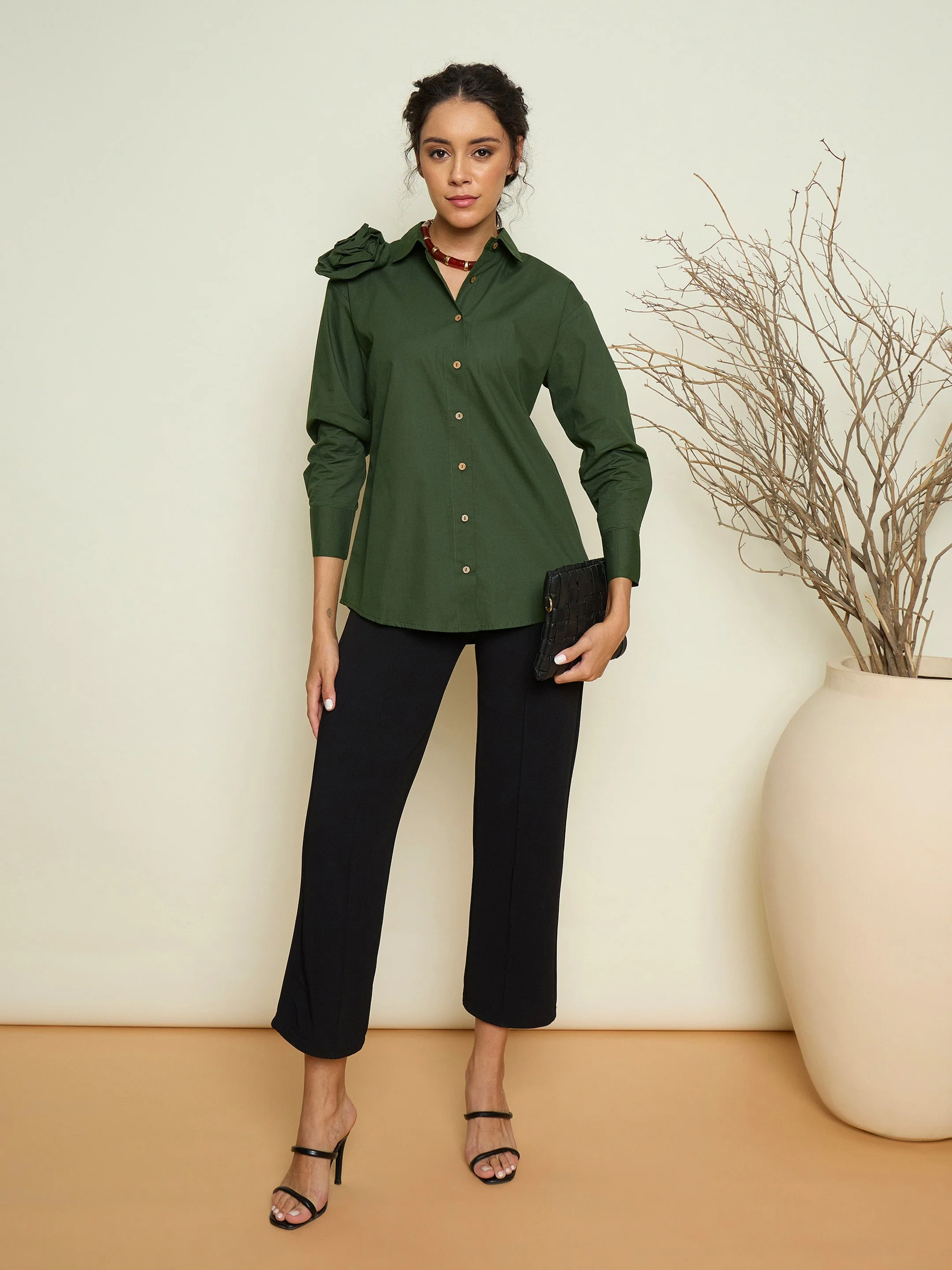 Women Olive Poplin Shoulder Corsage Regular Shirt - Image 5