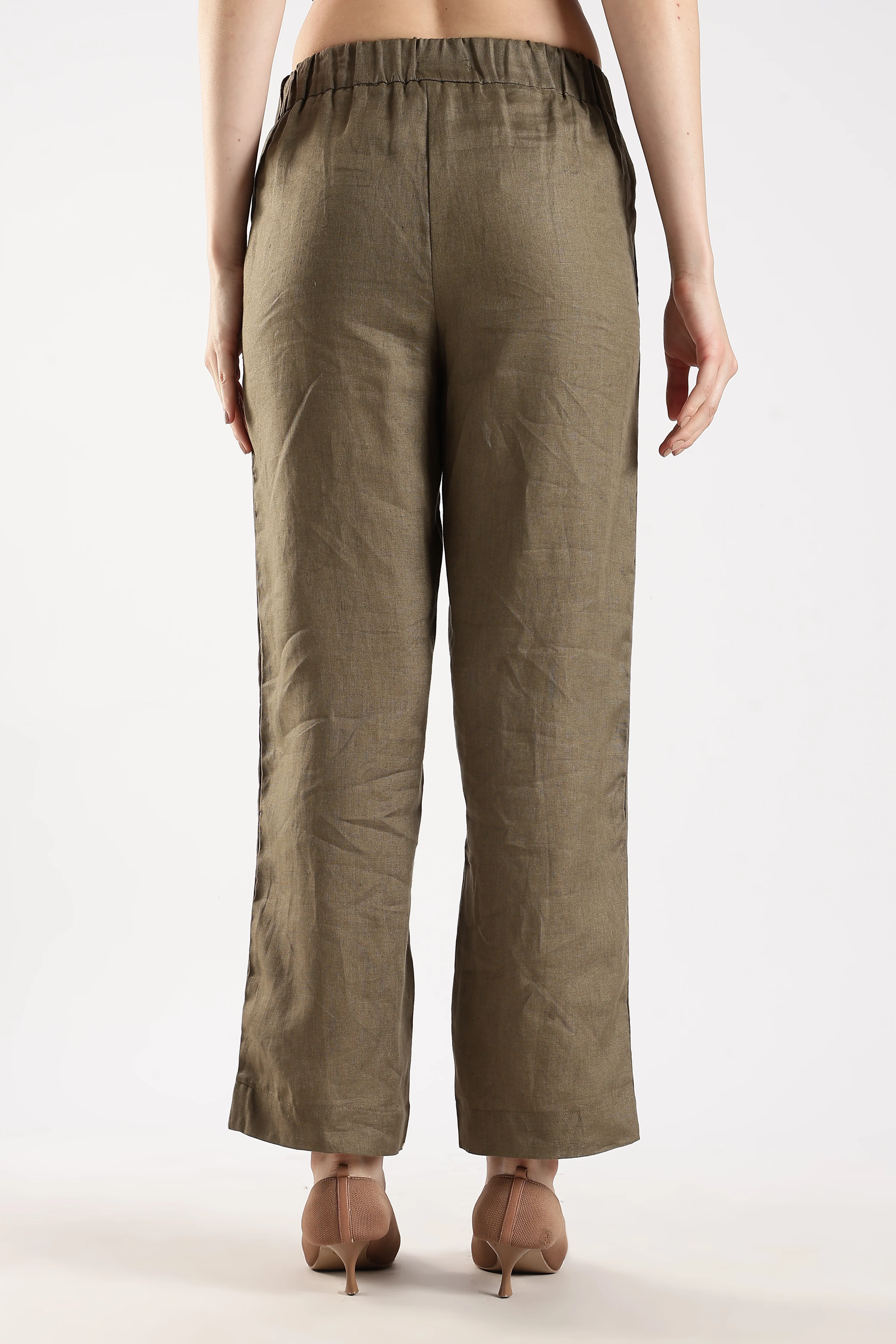 Women Olive Pure Linen Trousers - Image 2
