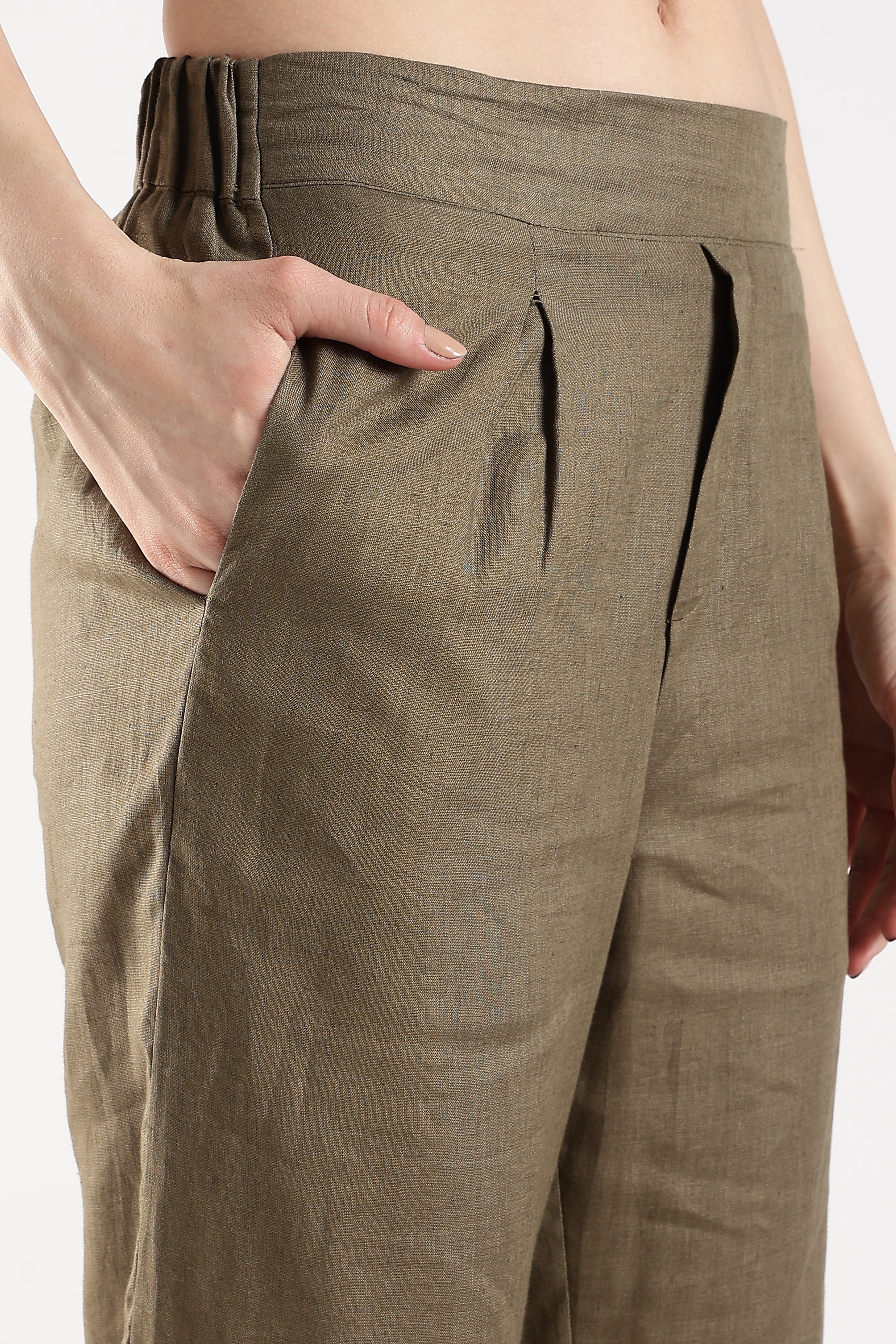Women Olive Pure Linen Trousers - Image 3