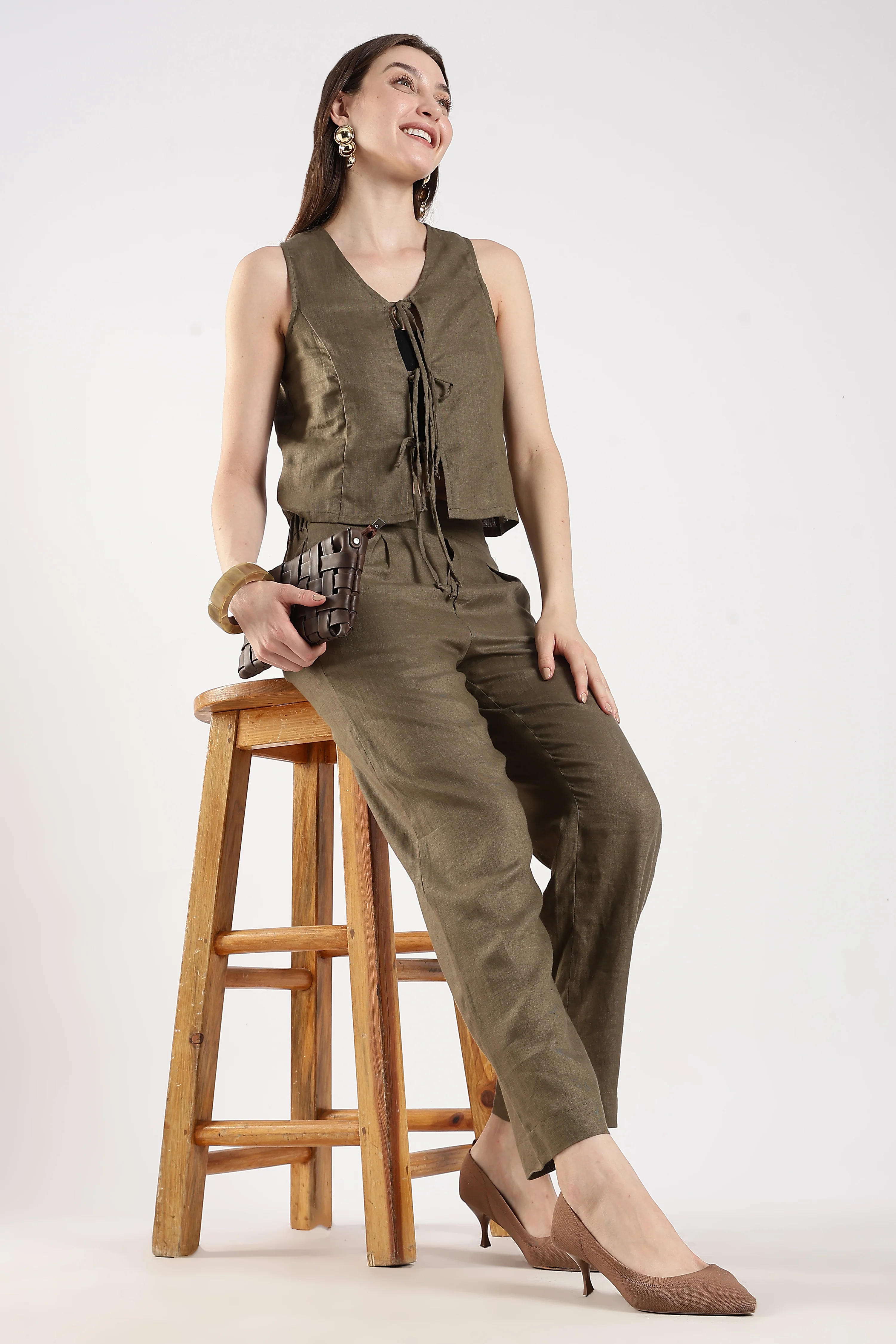 Women Olive Pure Linen Trousers - Image 5