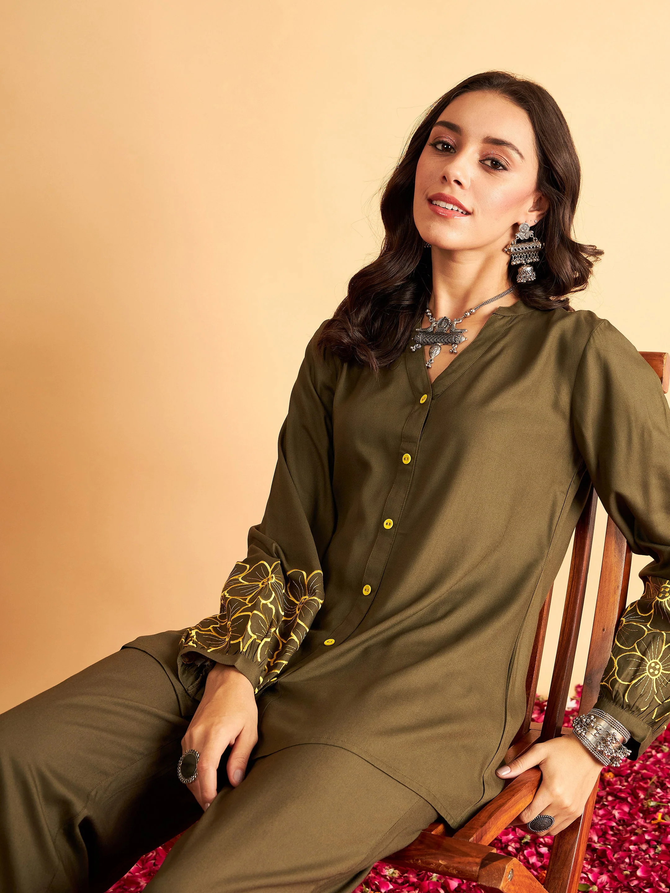 Women Olive Rayon Full Sleeves Embroidered Shirt - Image 2