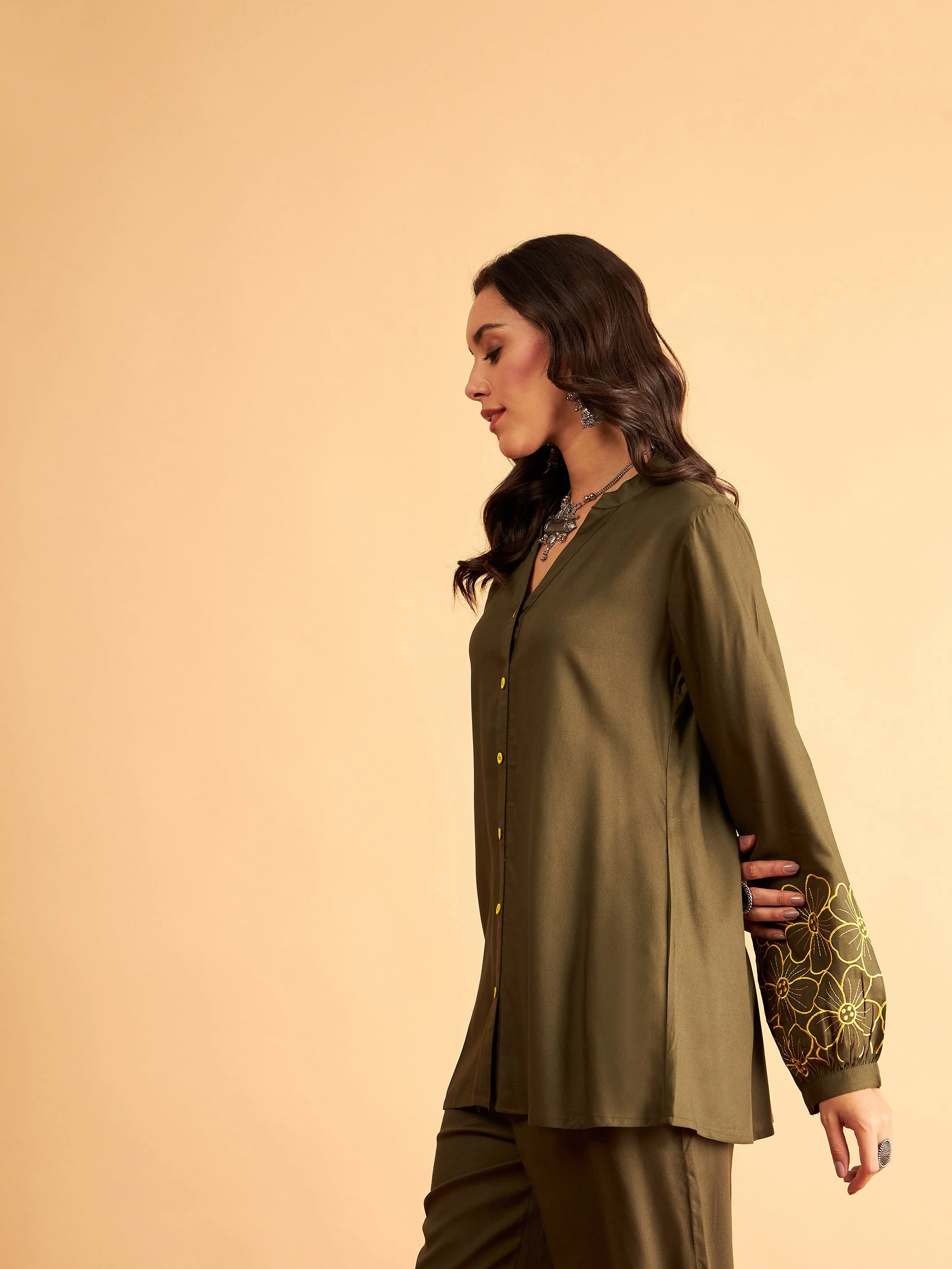 Women Olive Rayon Full Sleeves Embroidered Shirt - Image 3
