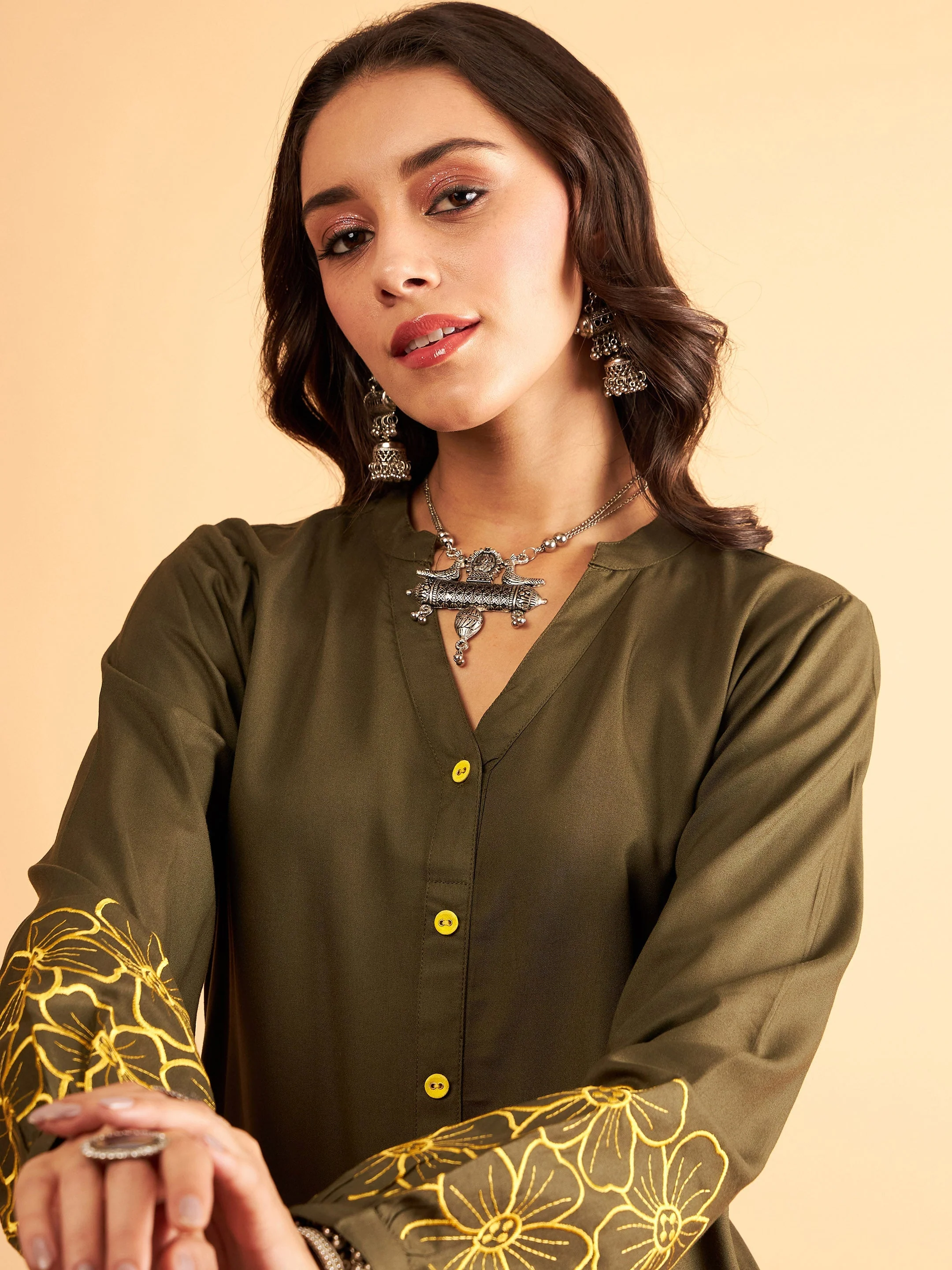 Women Olive Rayon Full Sleeves Embroidered Shirt - Image 4