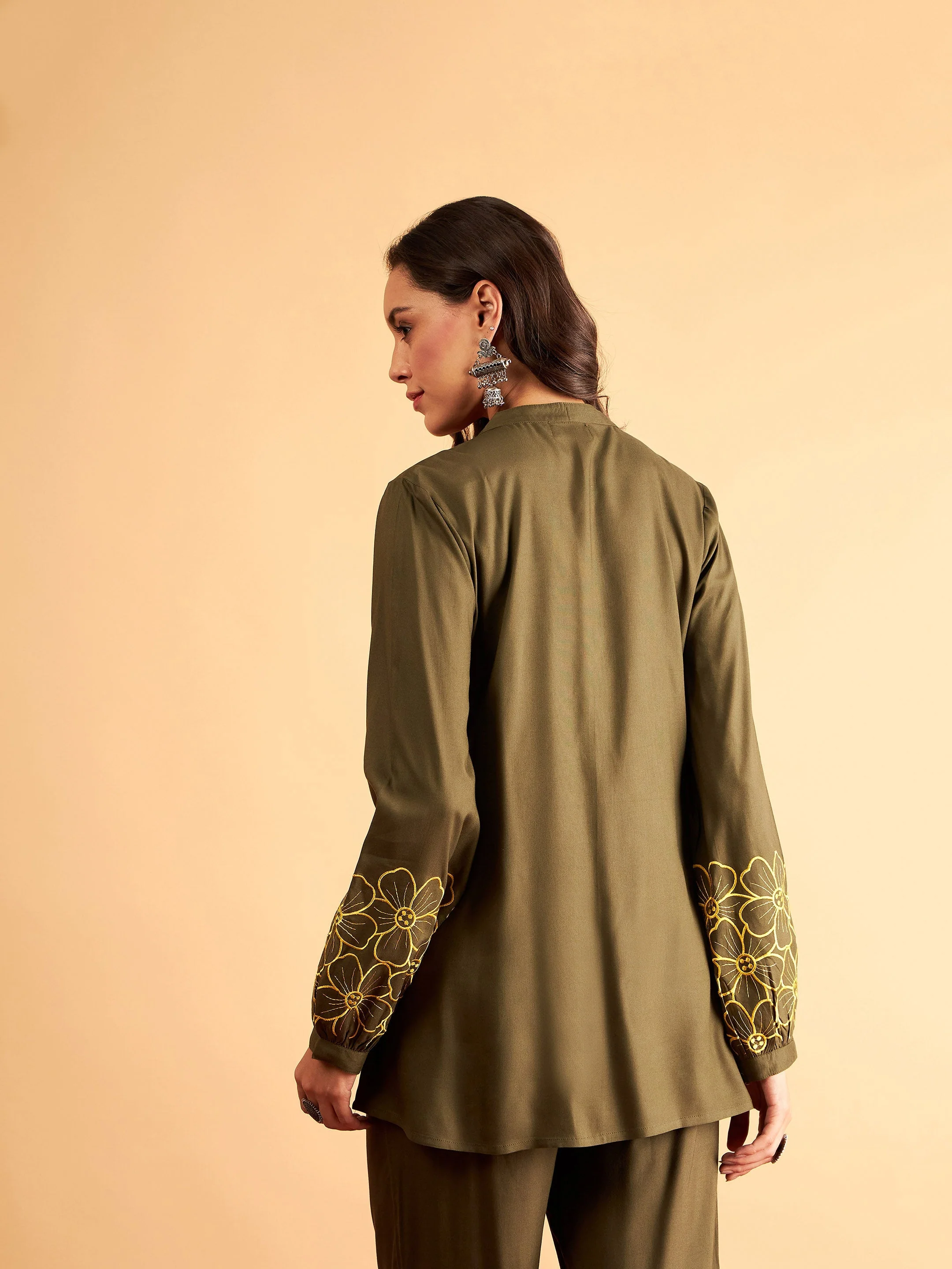 Women Olive Rayon Full Sleeves Embroidered Shirt - Image 5