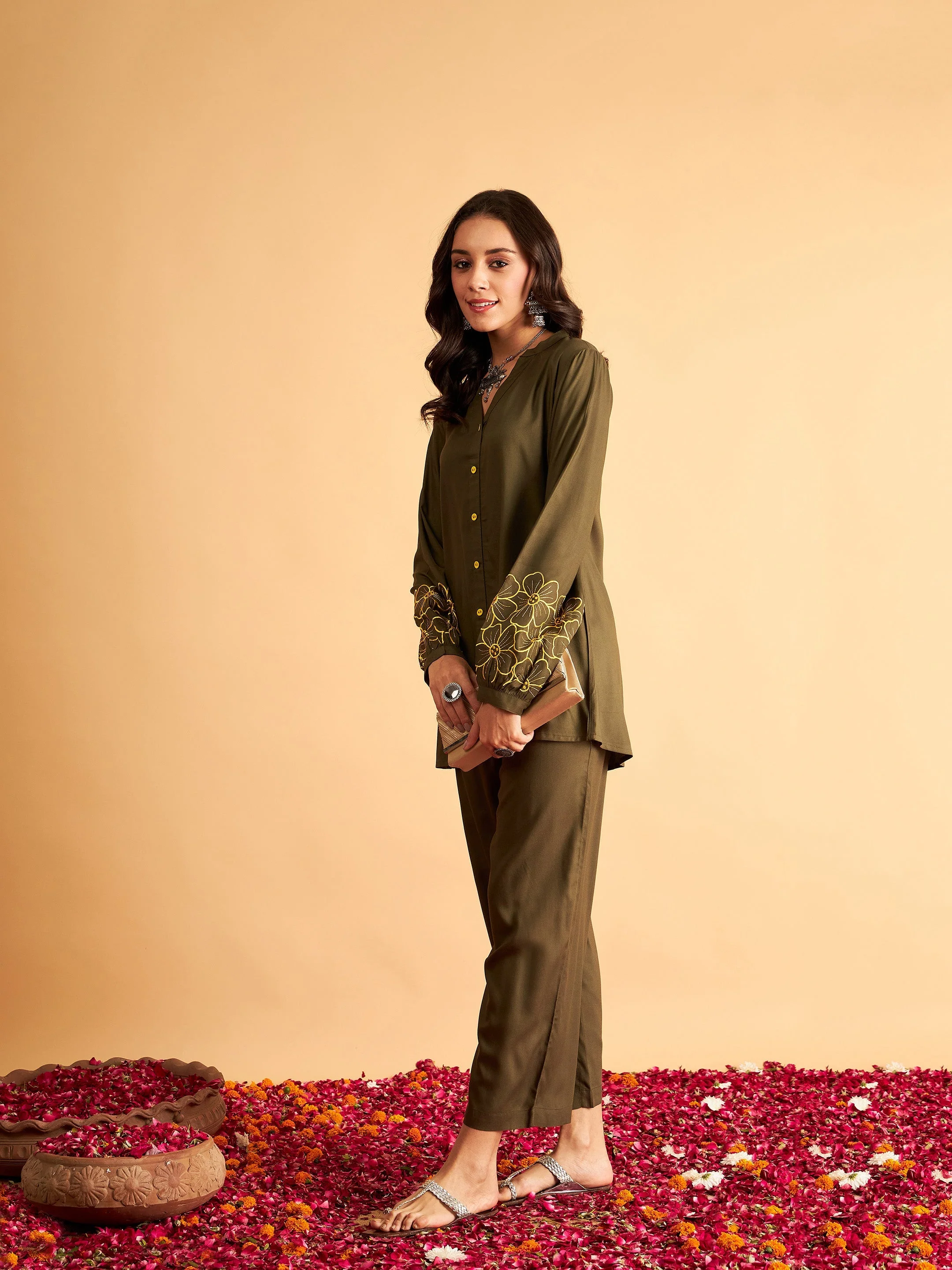 Women Olive Rayon Full Sleeves Embroidered Shirt - Image 6