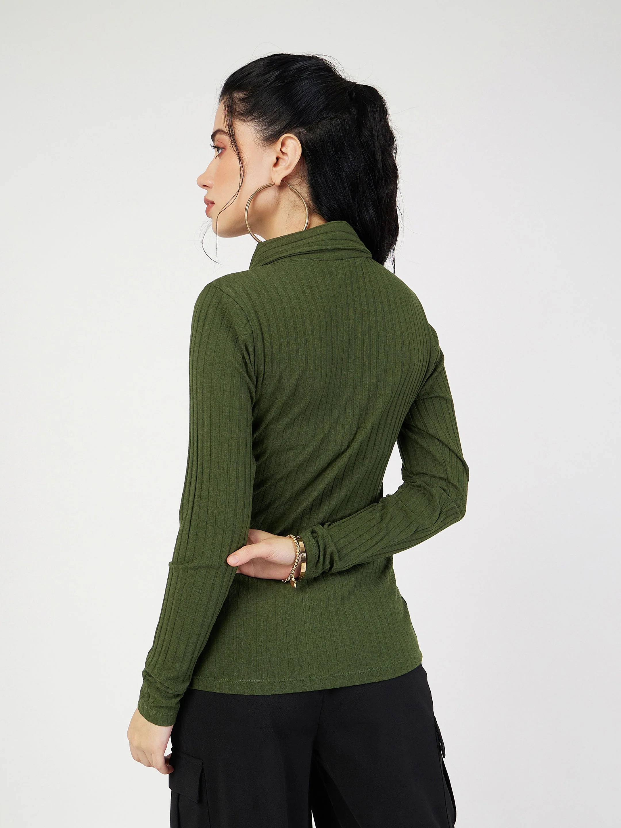 Women Olive Rib Polo Neck Full Sleeves Top - Image 2