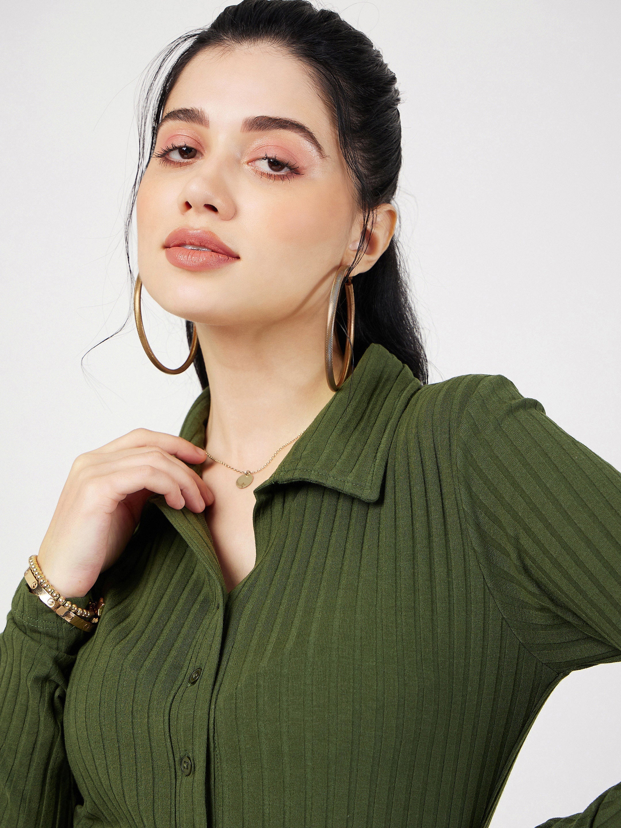 Women Olive Rib Polo Neck Full Sleeves Top - Image 3