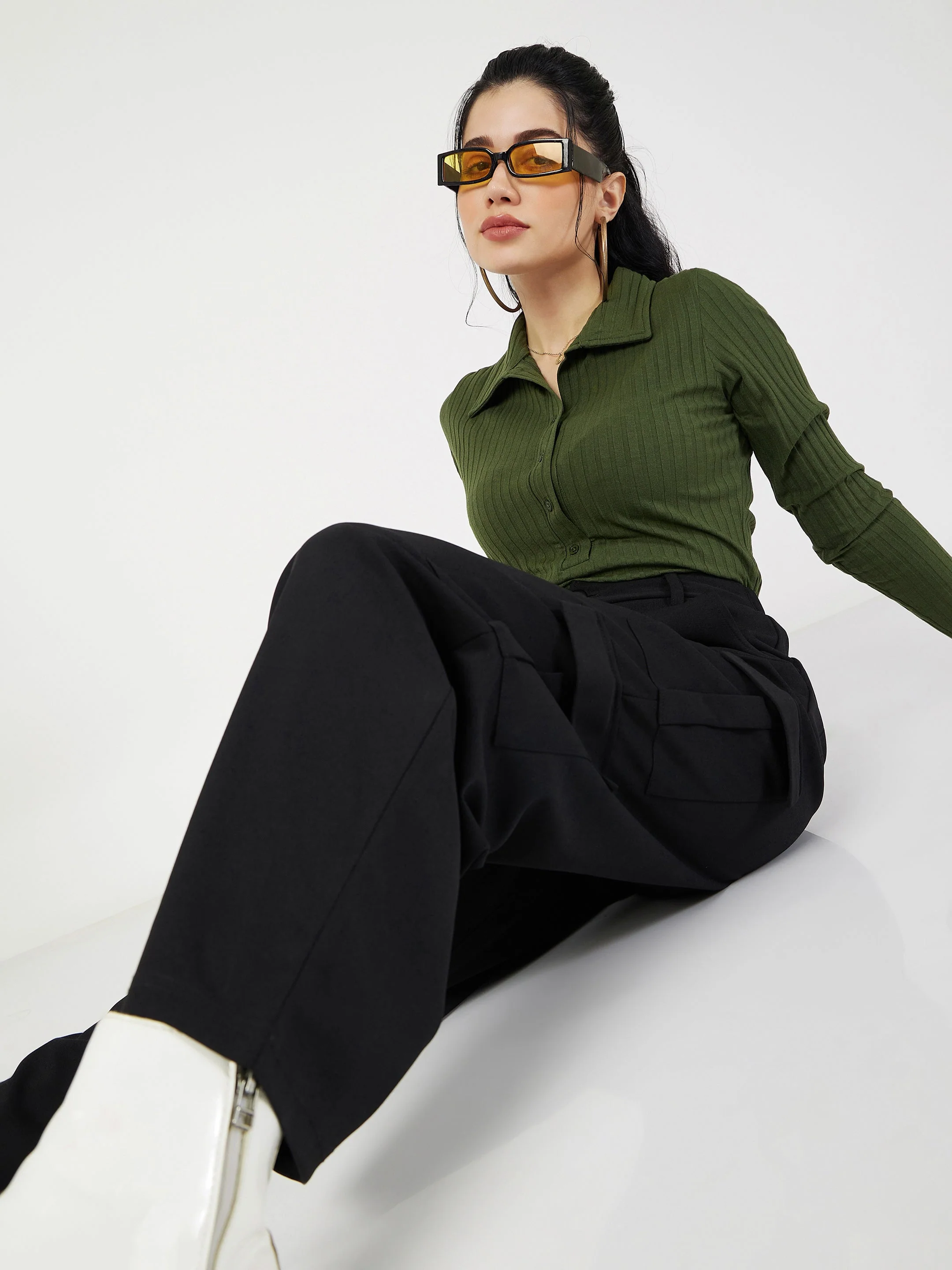 Women Olive Rib Polo Neck Full Sleeves Top - Image 4