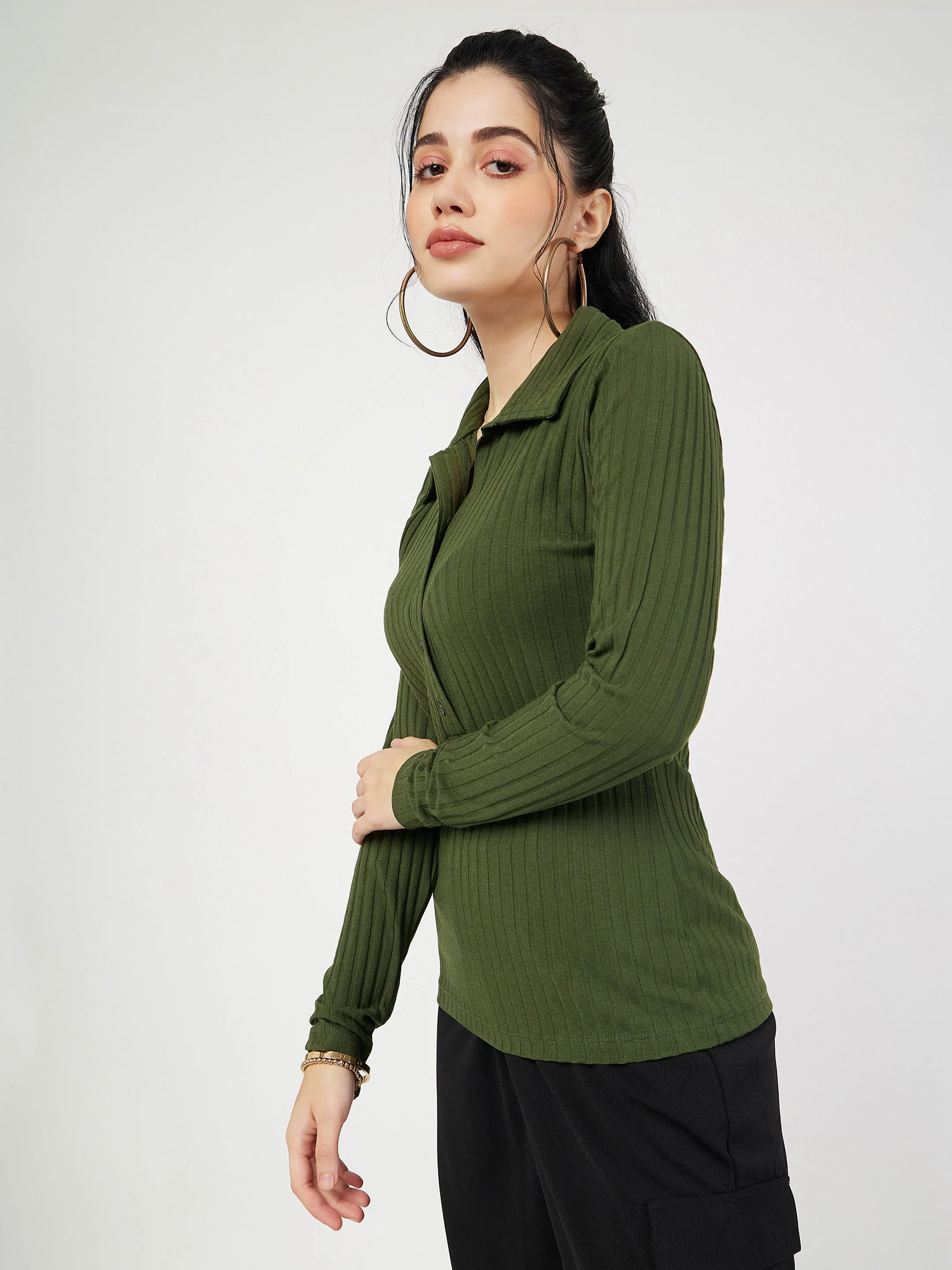 Women Olive Rib Polo Neck Full Sleeves Top - Image 5