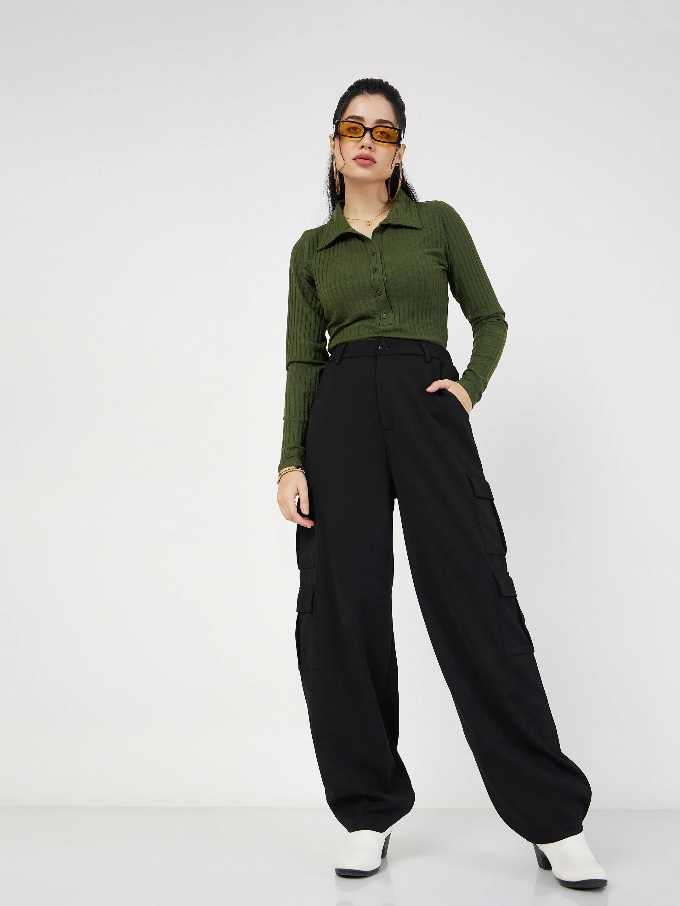 Women Olive Rib Polo Neck Full Sleeves Top - Image 6
