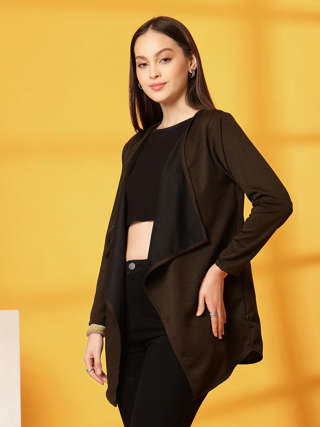Women Olive Ruffle Waffle Shrug - Image 3
