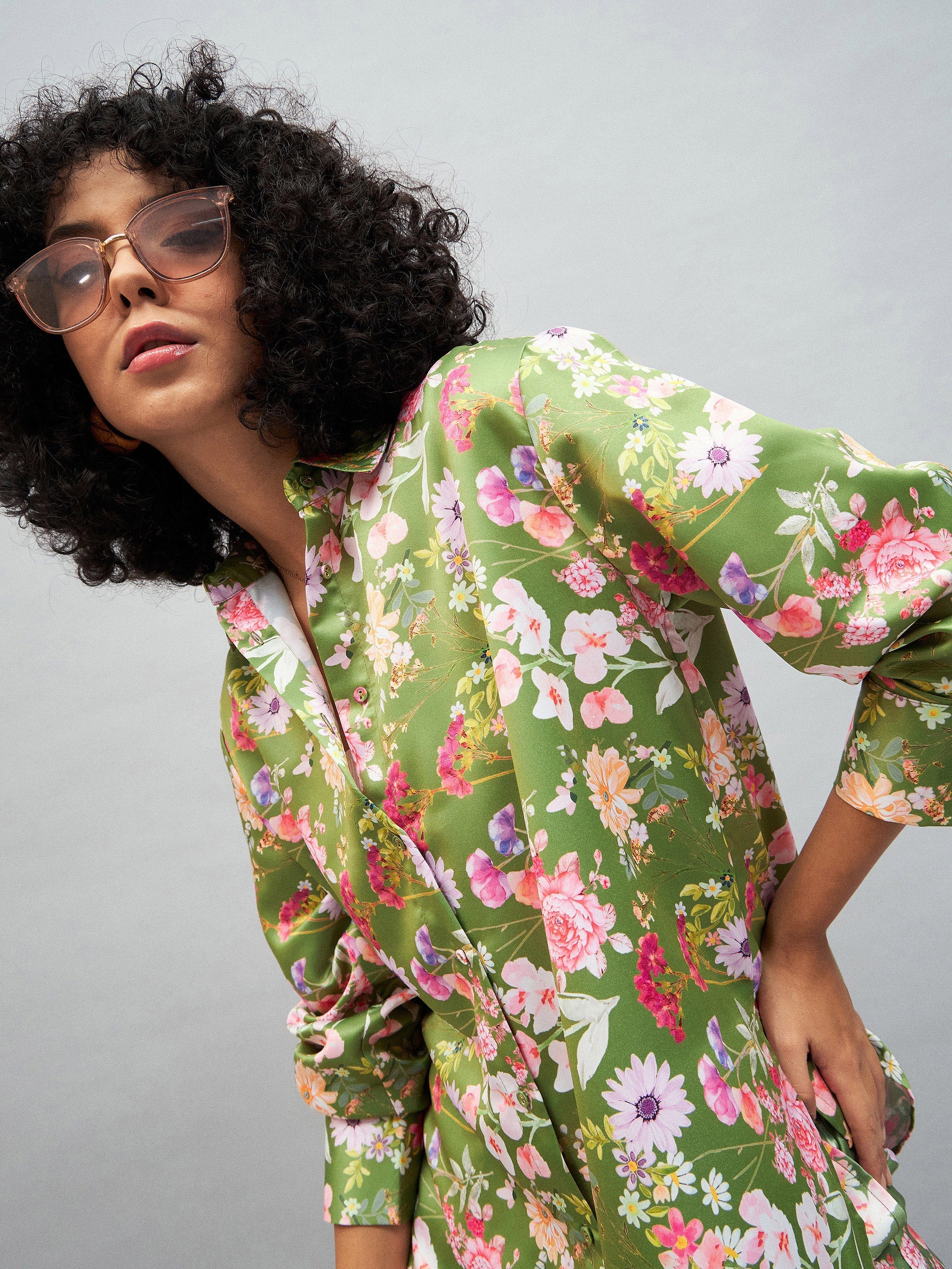 Women Olive Satin Floral Oversized Shirt - Image 2
