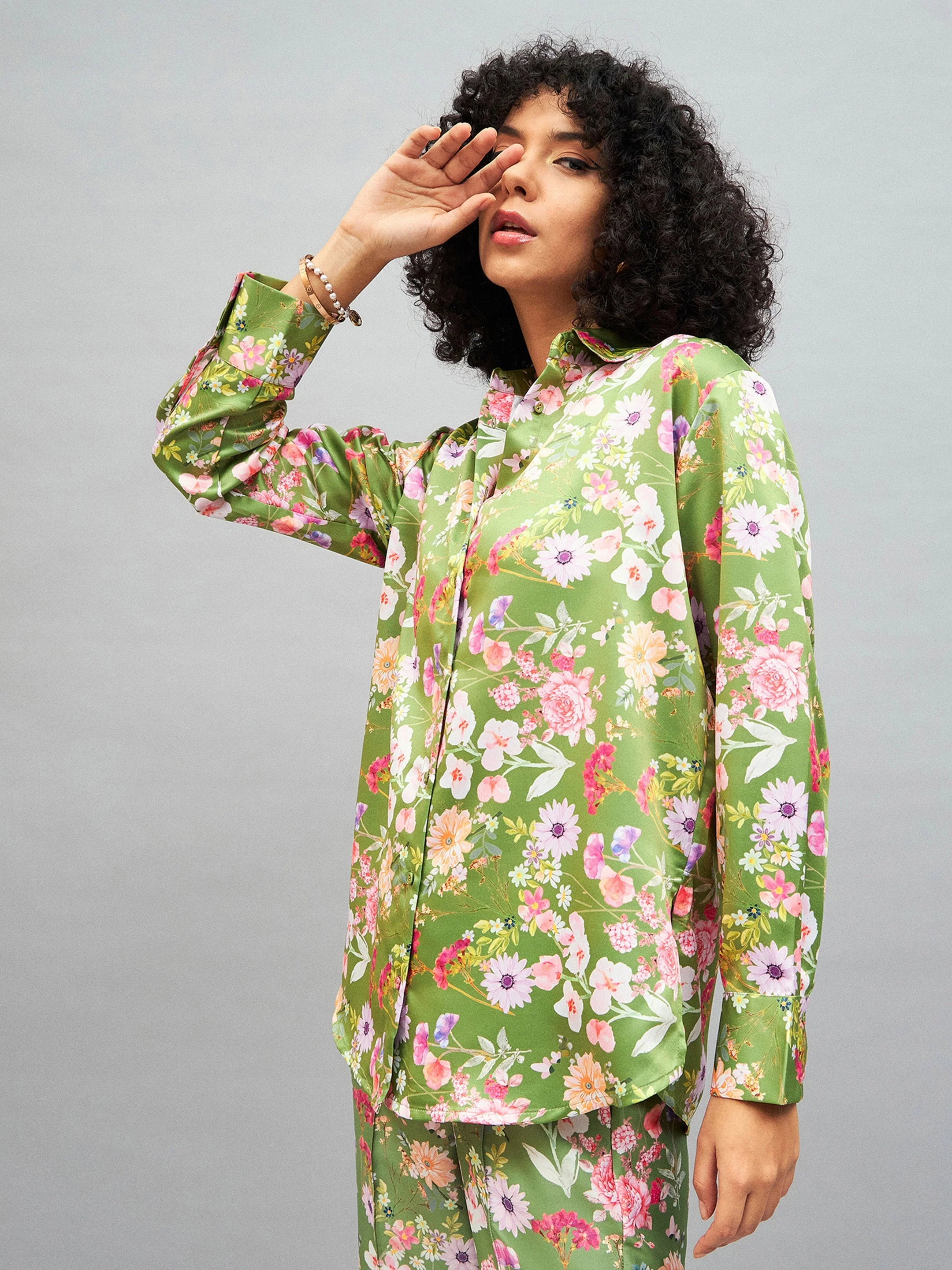 Women Olive Satin Floral Oversized Shirt - Image 3