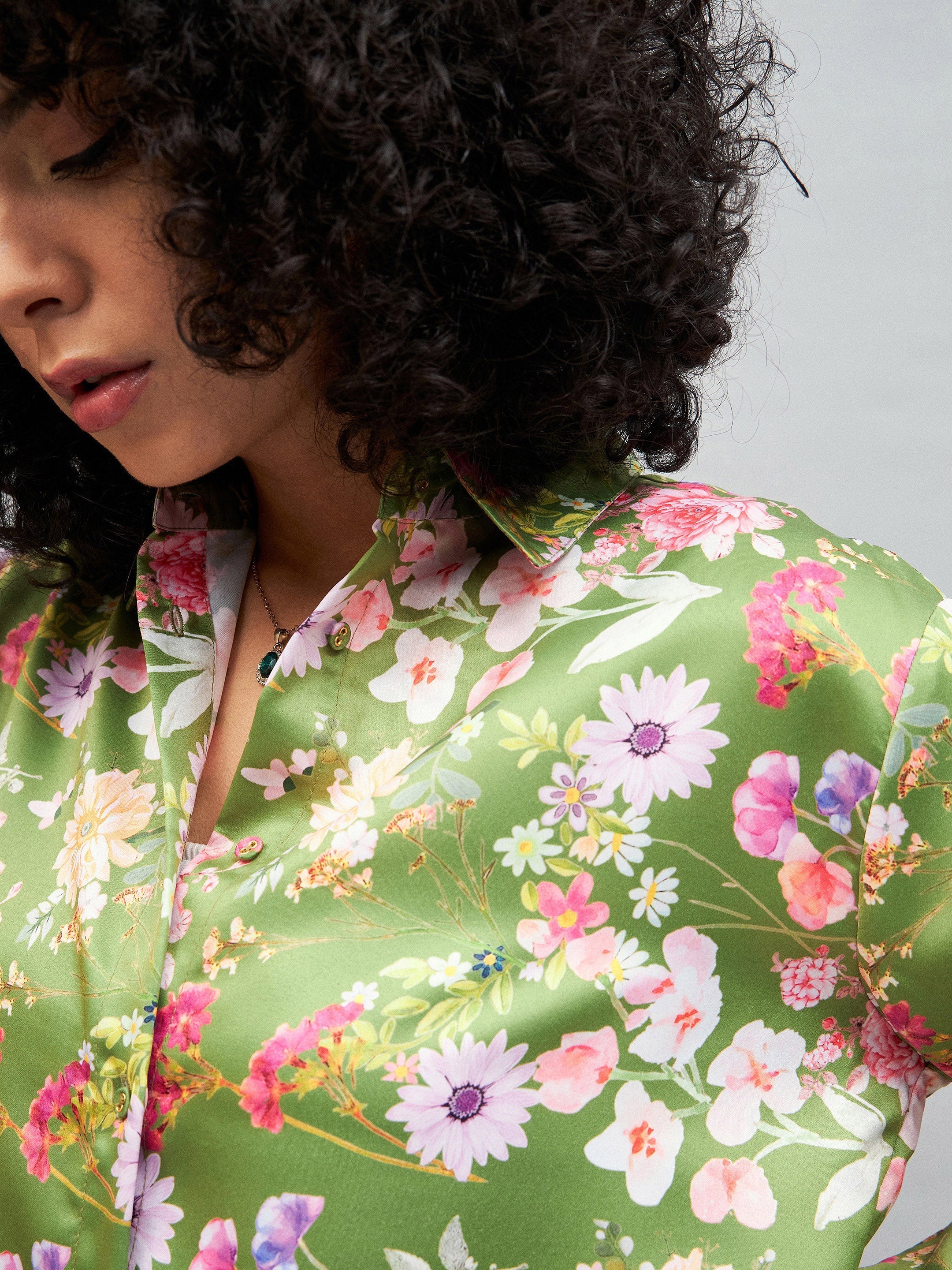 Women Olive Satin Floral Oversized Shirt - Image 4