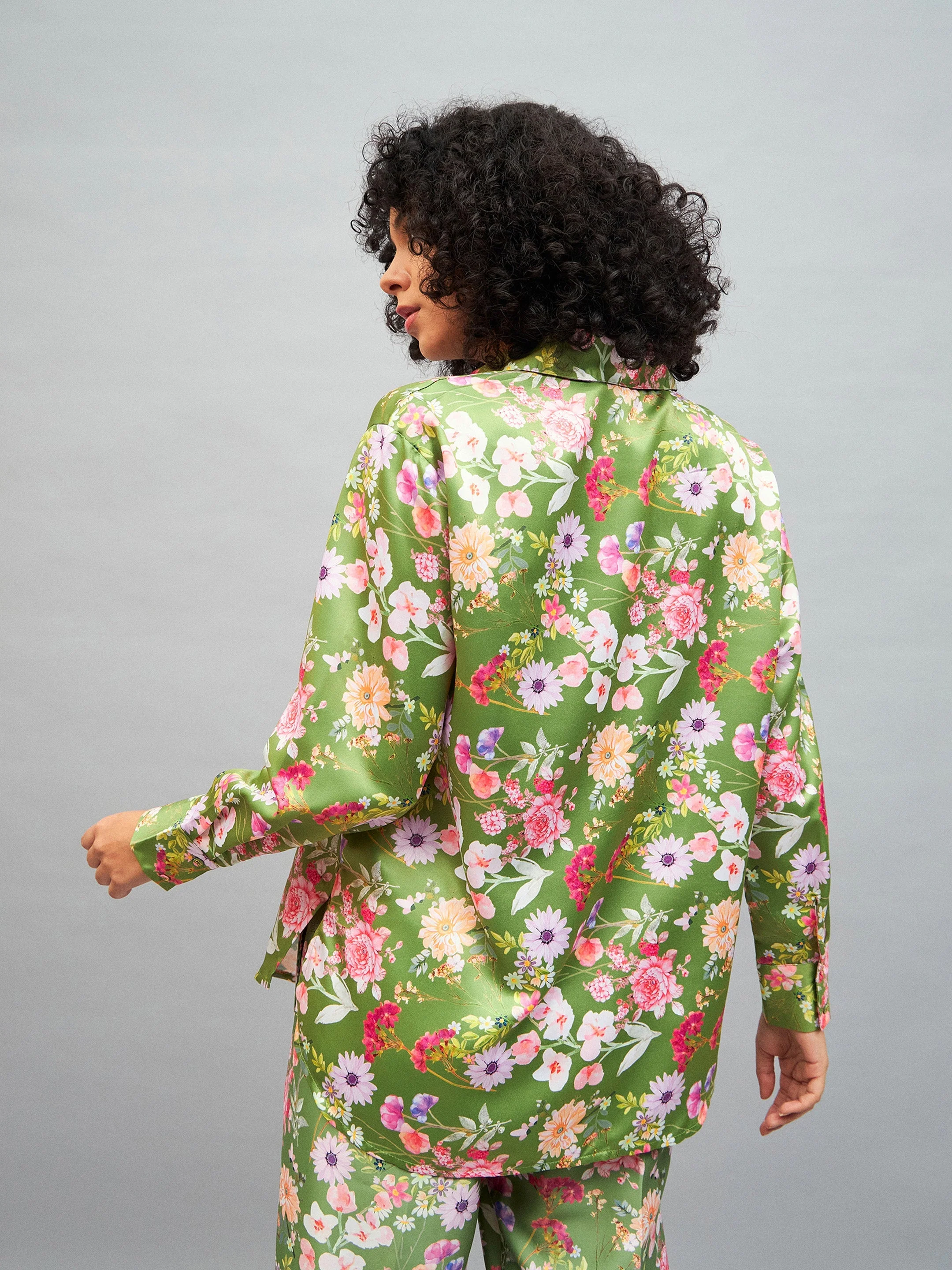 Women Olive Satin Floral Oversized Shirt - Image 5