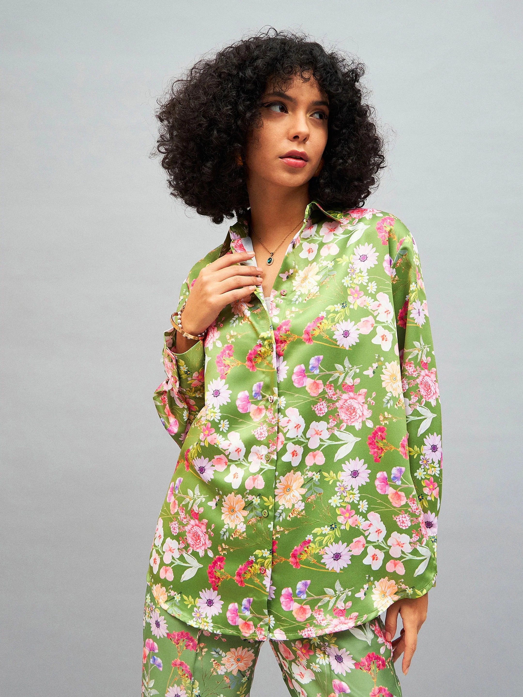 Women Olive Satin Floral Oversized Shirt - Image 6