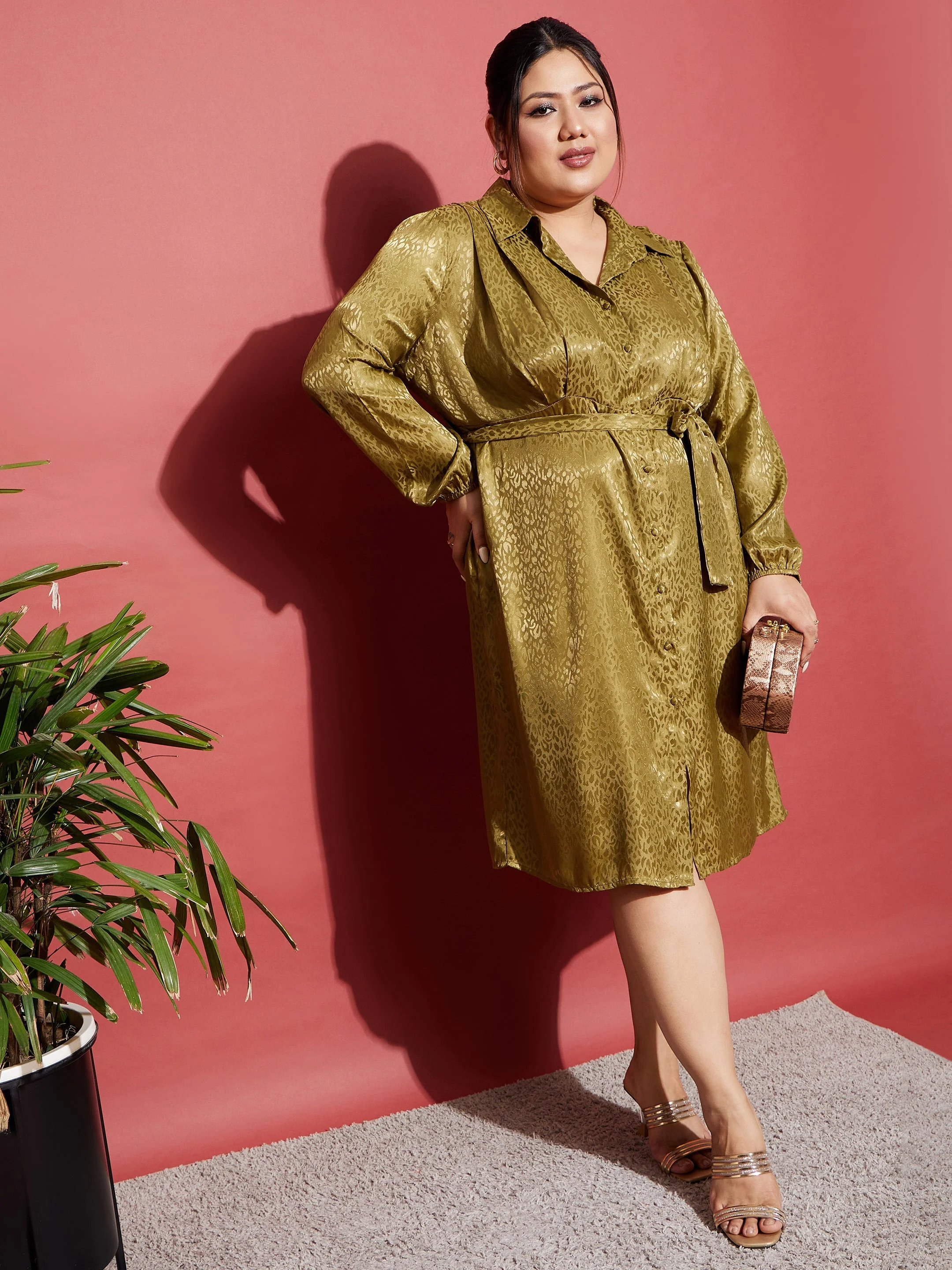 Women Olive Satin Jacquard Belted Shirt Dress - Image 2